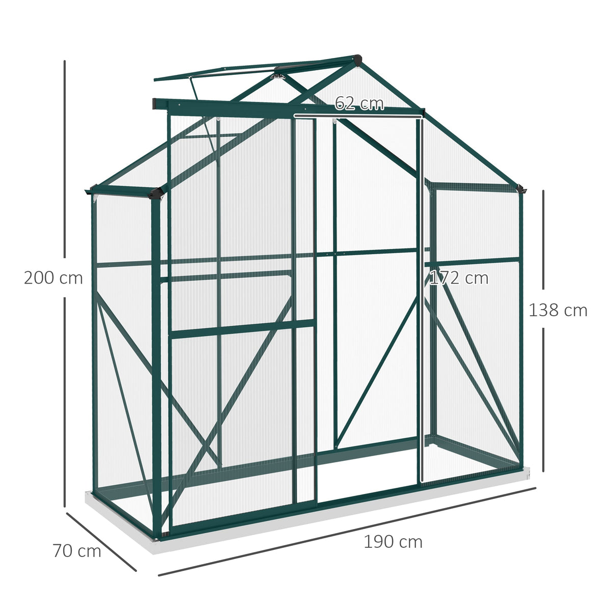 6 x 2.5ft Polycarbonate Greenhouse, Walk-In Green House with Sliding Door, 5-Level Roof Vent, Rain Gutter, Garden Plants Grow House with Aluminium Frame and Foundation, Green