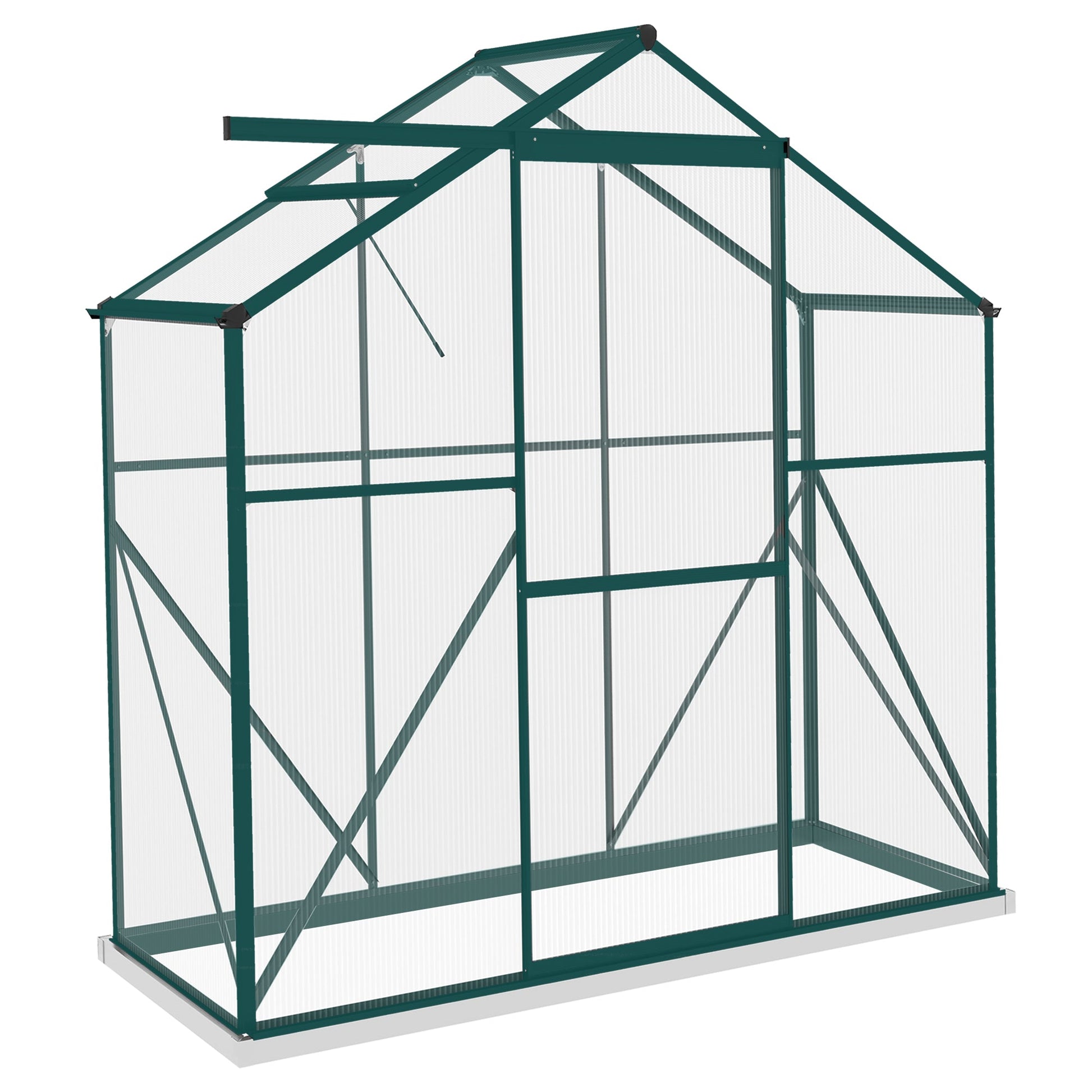 6 x 2.5ft Polycarbonate Greenhouse, Walk-In Green House with Sliding Door, 5-Level Roof Vent, Rain Gutter, Garden Plants Grow House with Aluminium Frame and Foundation, Green