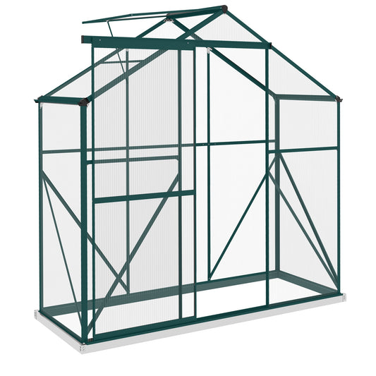 6 x 2.5ft Polycarbonate Greenhouse, Walk-In Green House with Sliding Door, 5-Level Roof Vent, Rain Gutter, Garden Plants Grow House with Aluminium Frame and Foundation, Green