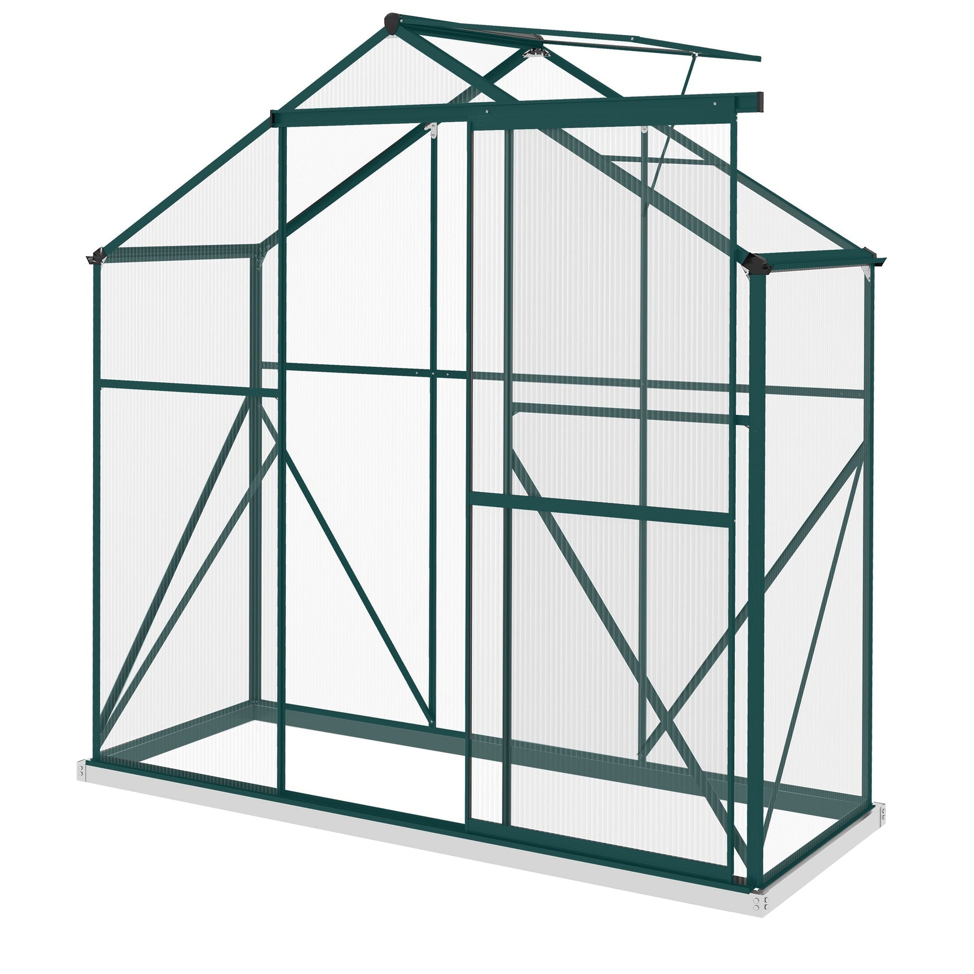 6 x 2.5ft Polycarbonate Greenhouse, Walk-In Green House with Sliding Door, 5-Level Roof Vent, Rain Gutter, Garden Plants Grow House with Aluminium Frame and Foundation, Green