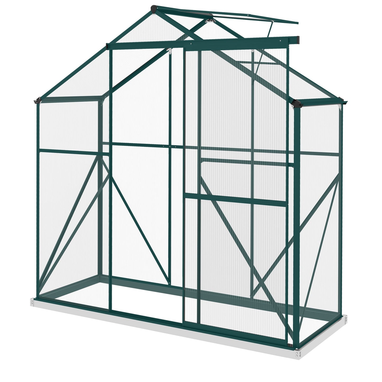 6 x 2.5ft Polycarbonate Greenhouse, Walk-In Green House with Sliding Door, 5-Level Roof Vent, Rain Gutter, Garden Plants Grow House with Aluminium Frame and Foundation, Green