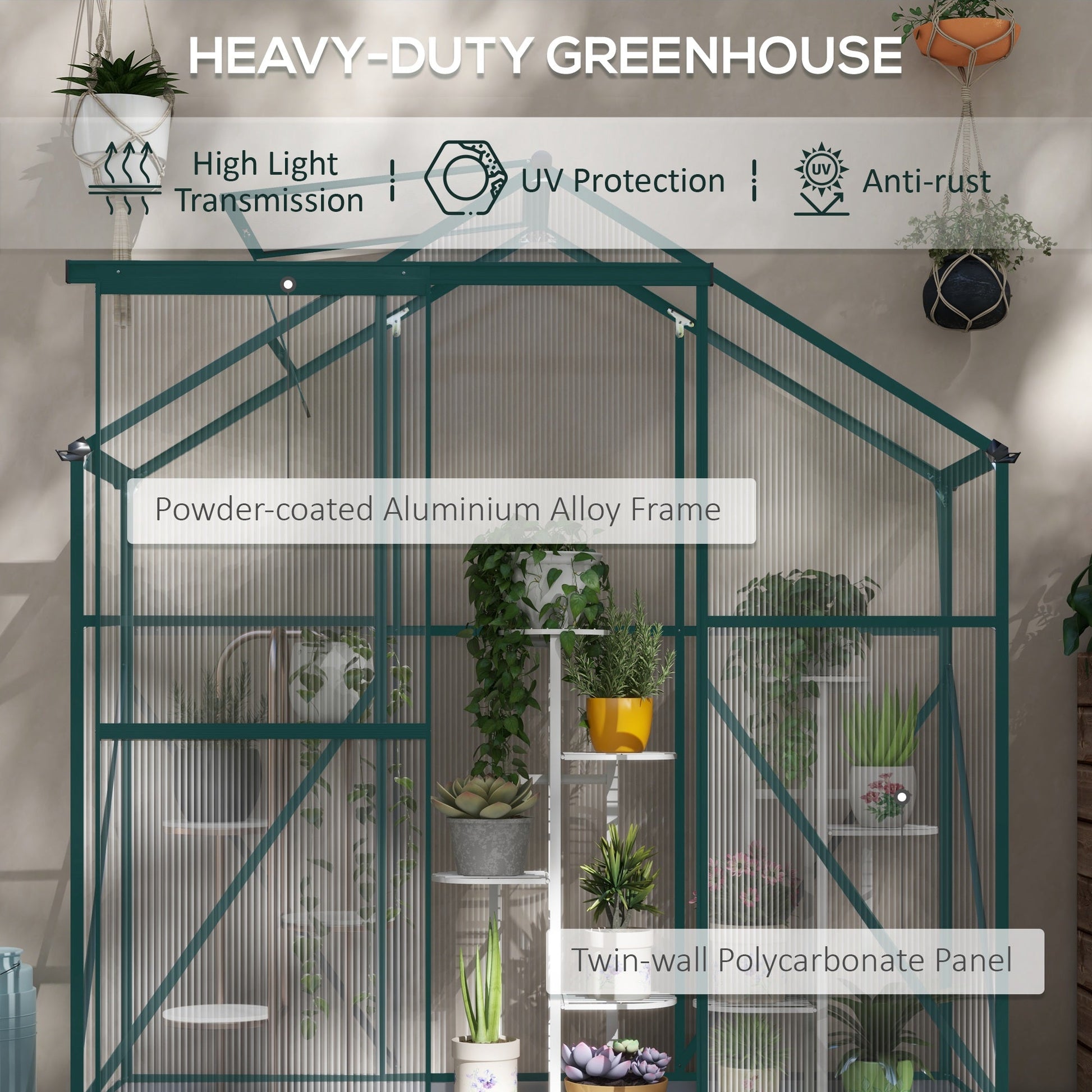 6 x 2.5ft Polycarbonate Greenhouse, Walk-In Green House with Sliding Door, 5-Level Roof Vent, Rain Gutter, Garden Plants Grow House with Aluminium Frame and Foundation, Green