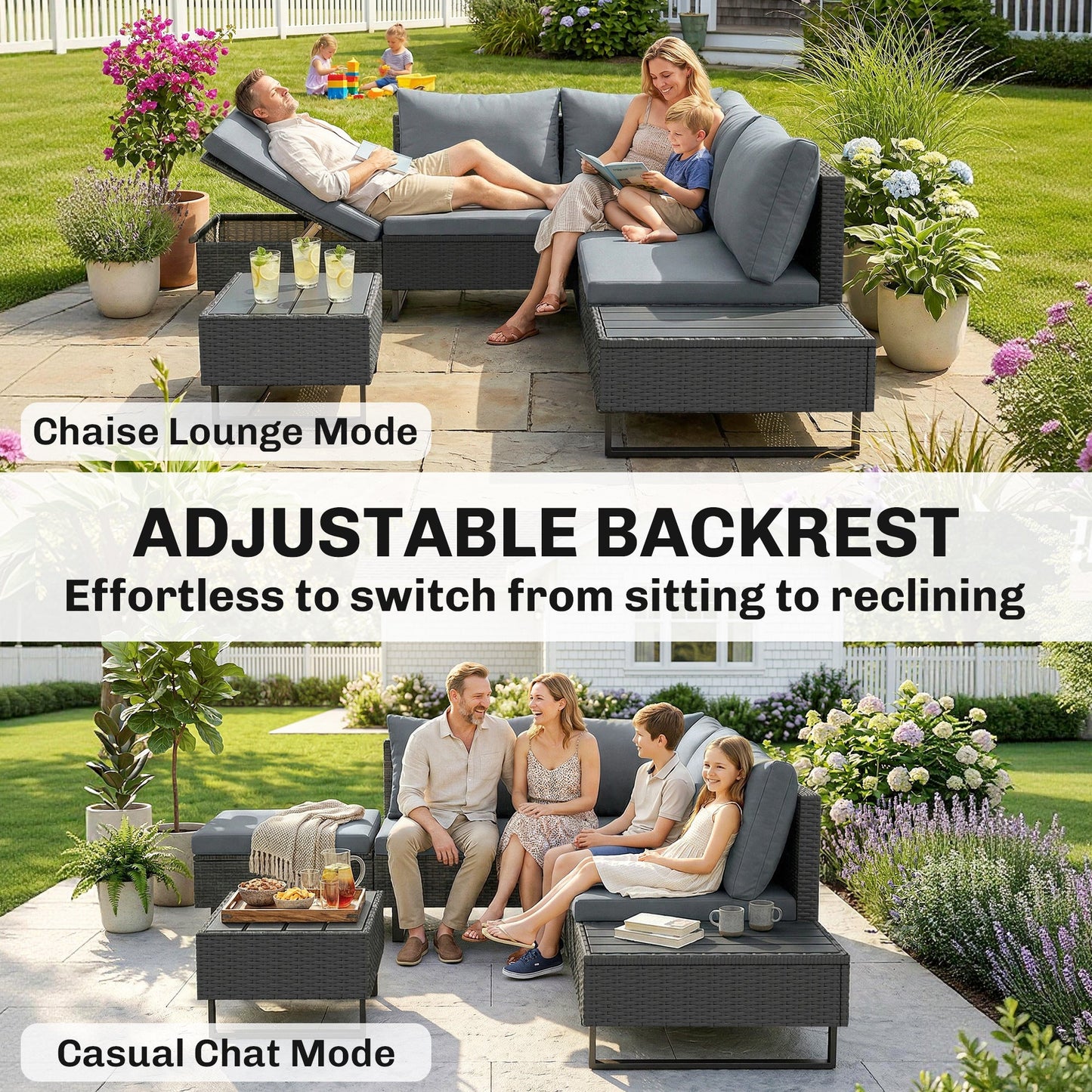 5 Seater Rattan Garden Furniture Set, Adjustable Back Corner Sofa Outdoor Lounge Set, Loveseat, Faux Wood Table, Cushions, L Shaped Patio Furniture Conversation Sets, Metal Frame, Dark Grey