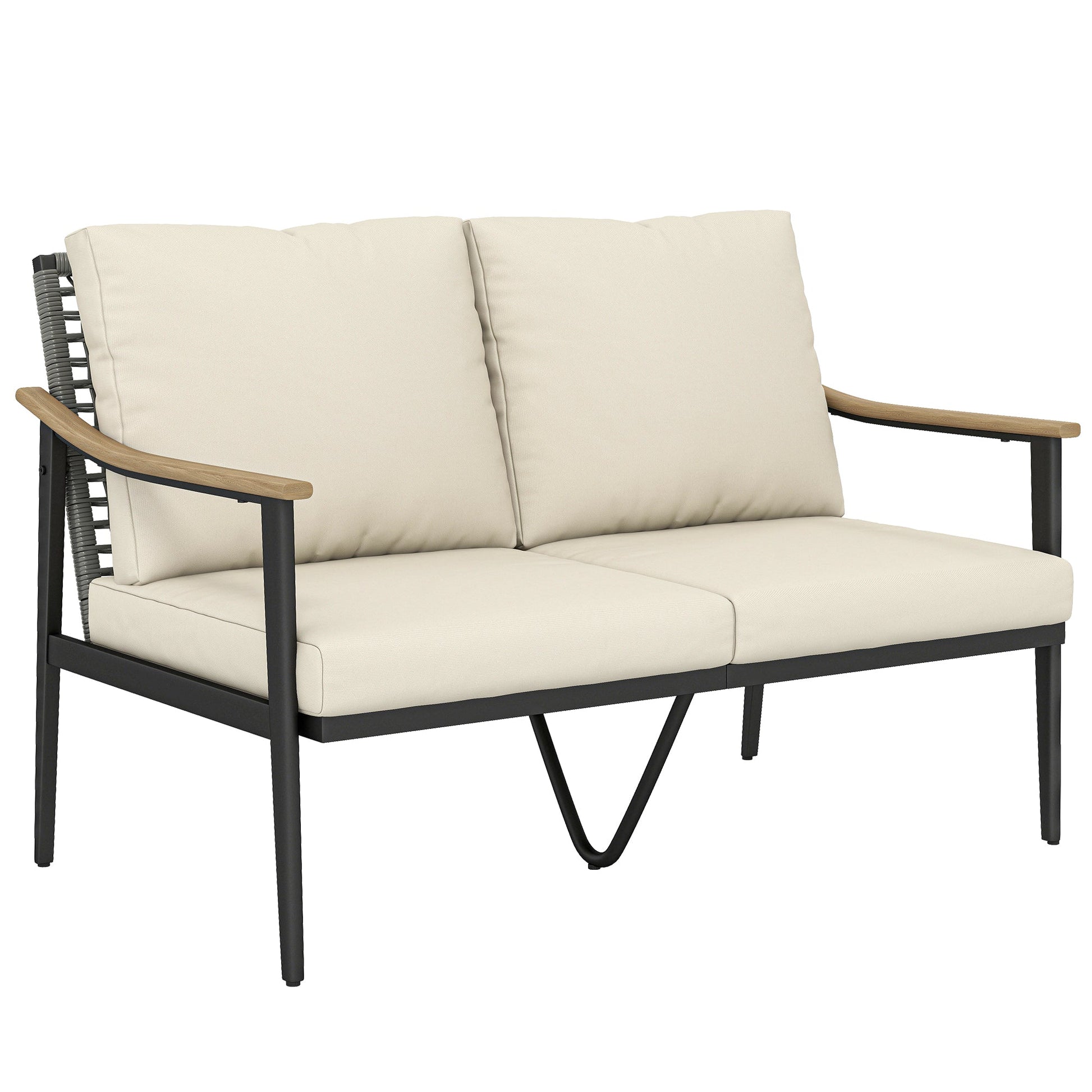 2 Seater Rattan Sofa, Outdoor Garden Sofa with Wood-Effect Armrests, PE Rattan Garden Furniture with Cushions, Steel Frame for Porch, Patio, Balcony, Khaki