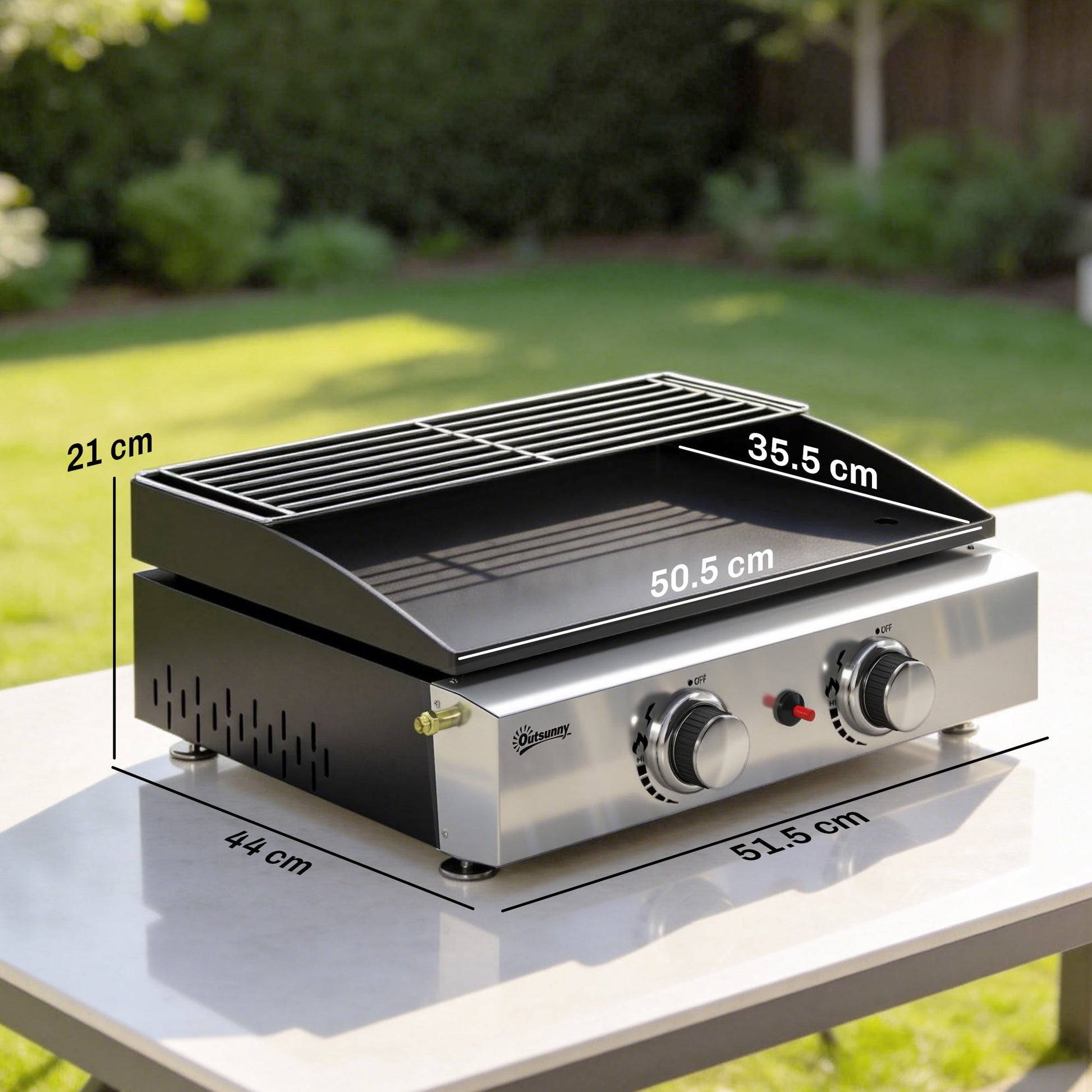2 Burner Grill Griddle, Portable Gas Plancha with Warming Rack, 5 kW, Tabletop Gas BBQ with Grease Cup for Camping Picnic Patios, Black