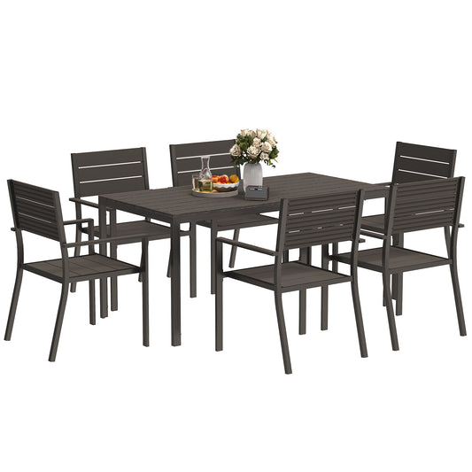 7 Piece Garden Furniture Set, 160 x 80 cm Rectangle Table and 6 Stackable Chairs Set, Outdoor Dining Set for Balcony, Deck, Dark Brown