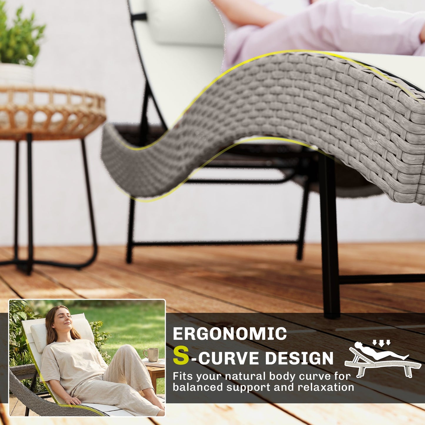 Rattan Sun Lounger, 5 Position Adjustable Garden Lounger Recliner with S Shaped Texteline Seat and Headrest, Reclining Outdoor Sunbed with Metal Frame for Patio, Terrace, Cream White