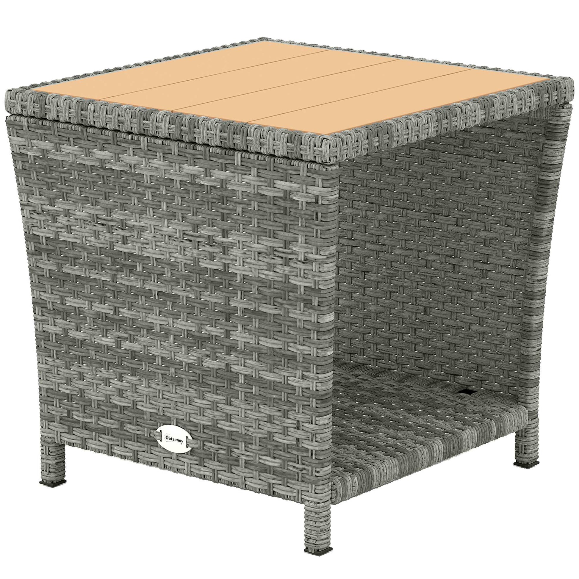 2-Tier PE Rattan Side Table with Storage Shelf, Square Outdoor Coffee Table with PS Wood Slat Top, UV-Resistant for Patio, Garden, Balcony, Light Grey