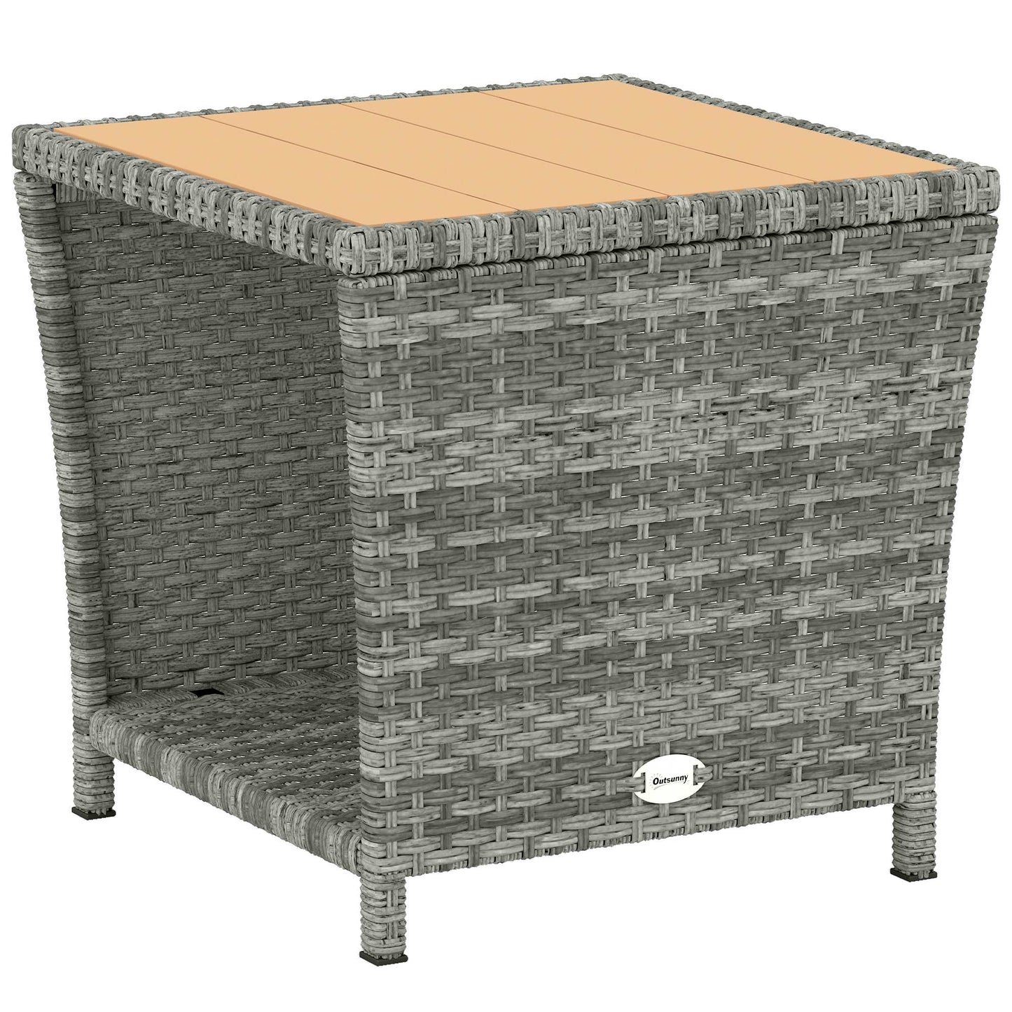2-Tier PE Rattan Side Table with Storage Shelf, Square Outdoor Coffee Table with PS Wood Slat Top, UV-Resistant for Patio, Garden, Balcony, Light Grey