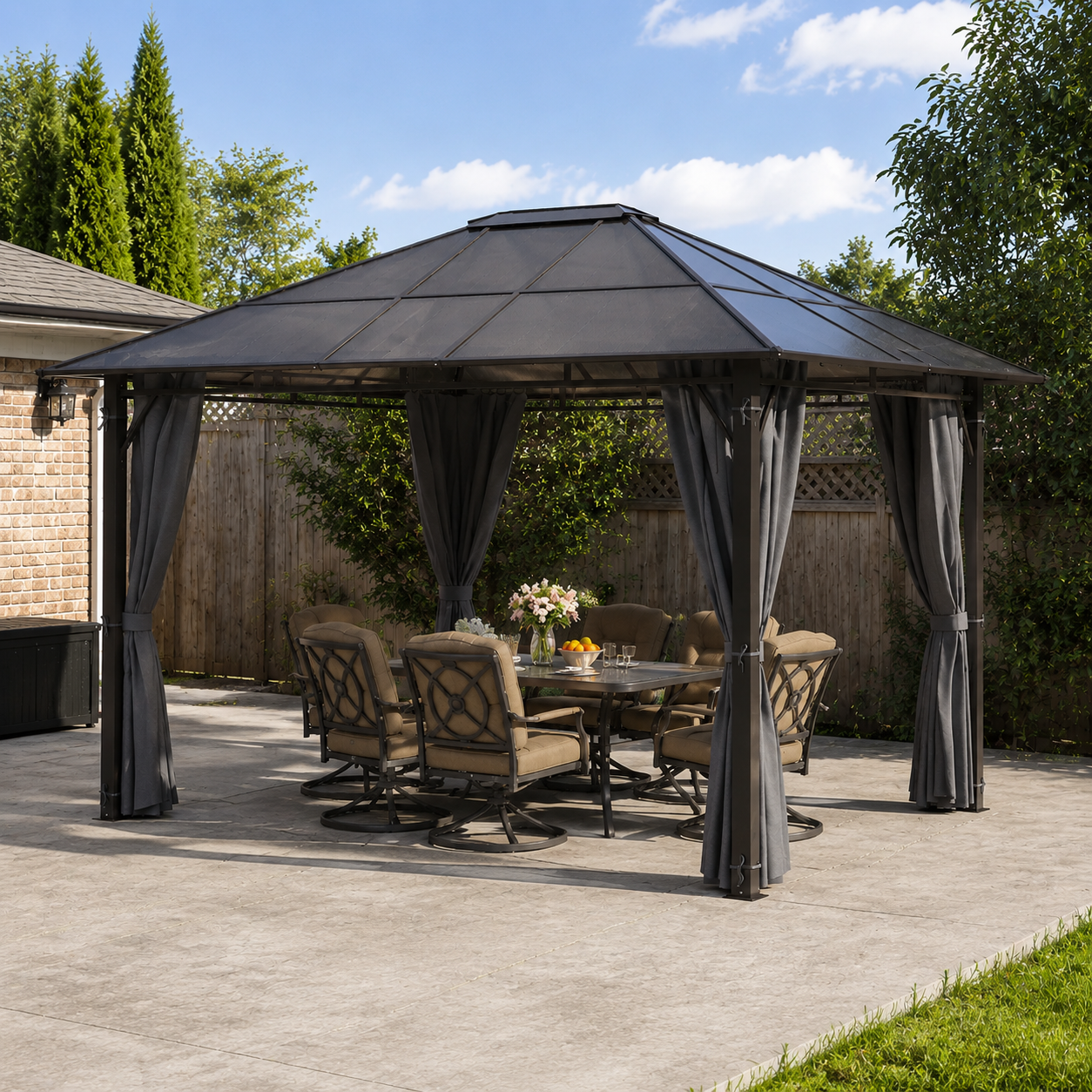 3 x 3.6m Steel Frame Hardtop Gazebo Canopy with Polycarbonate Roof & Curtains, Dark Grey
