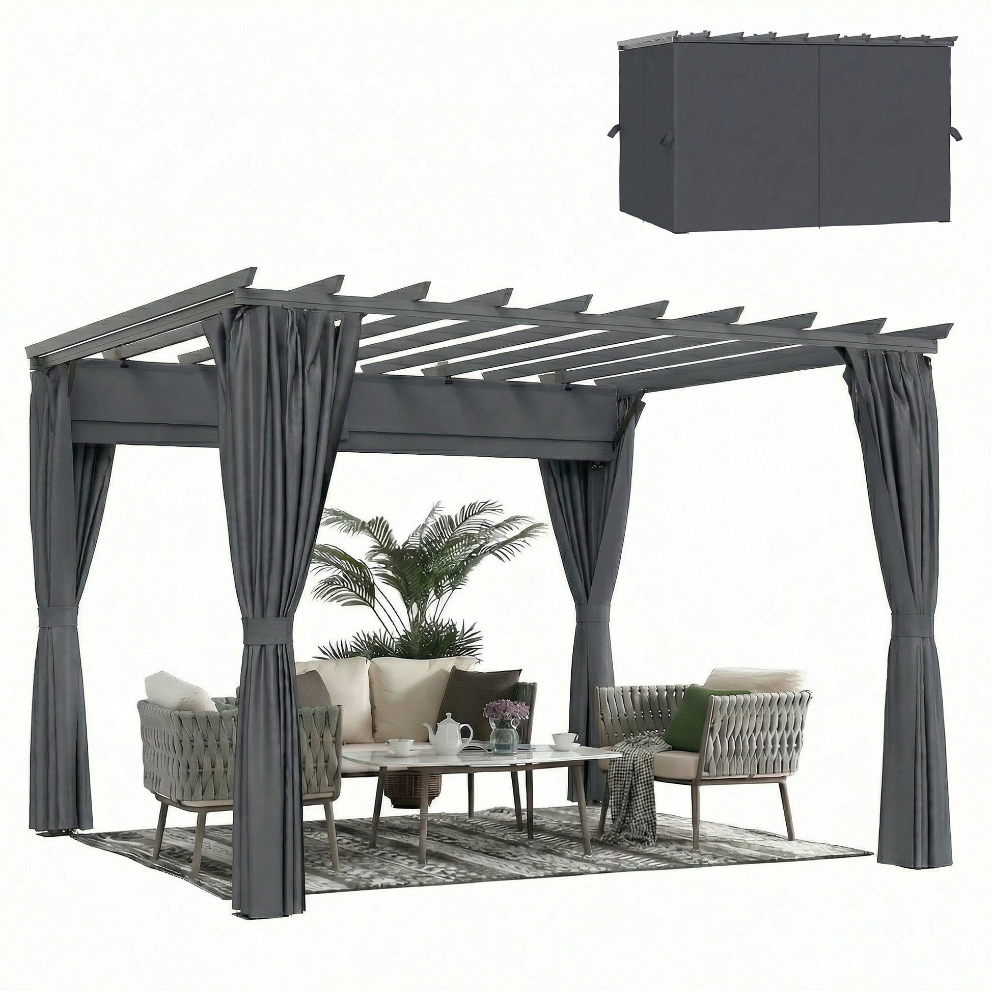 3.6 x 3 m Pergola with Retractable Roof Canopy and Curtains, Aluminium Frame Garden Pergola Gazebo Sun Shade Shelter for Grill, Patio, Deck, Dark Grey