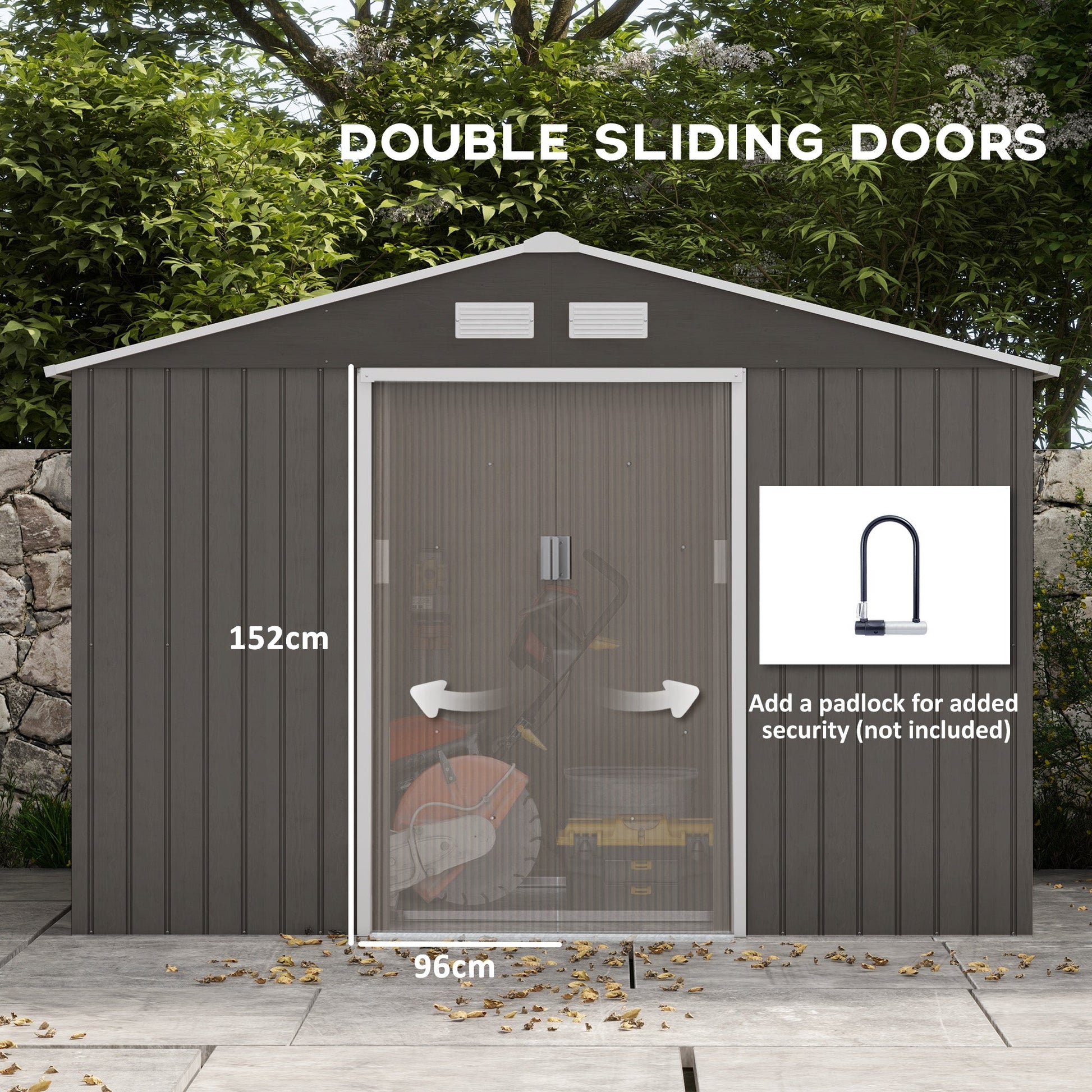 9 x 6ft Metal Garden Shed, Outdoor Storage Tool House with Ventilation Slots, Foundation Kit and Lockable Double Doors, Grey