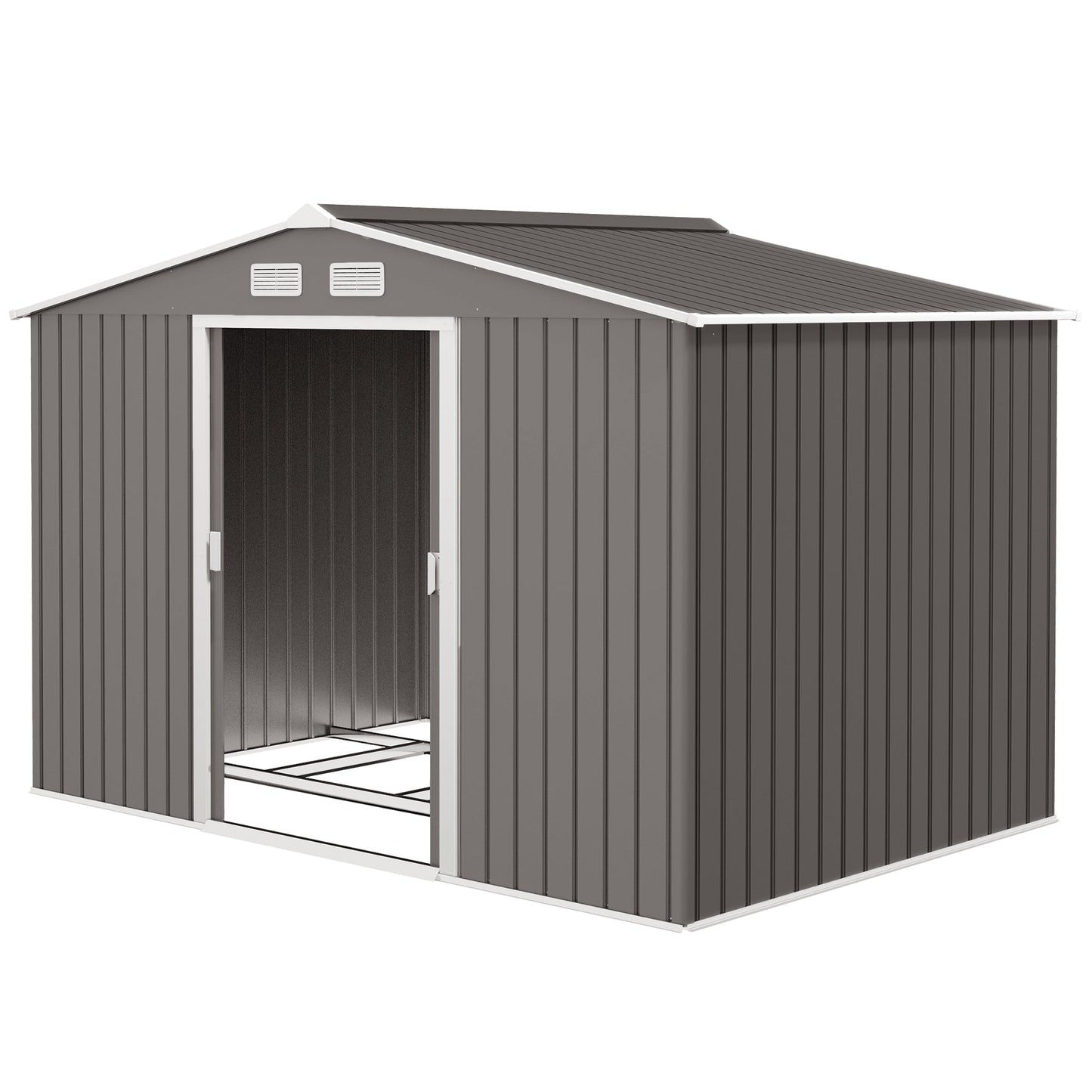 9 x 6ft Metal Garden Shed, Outdoor Storage Tool House with Ventilation Slots, Foundation Kit and Lockable Double Doors, Grey