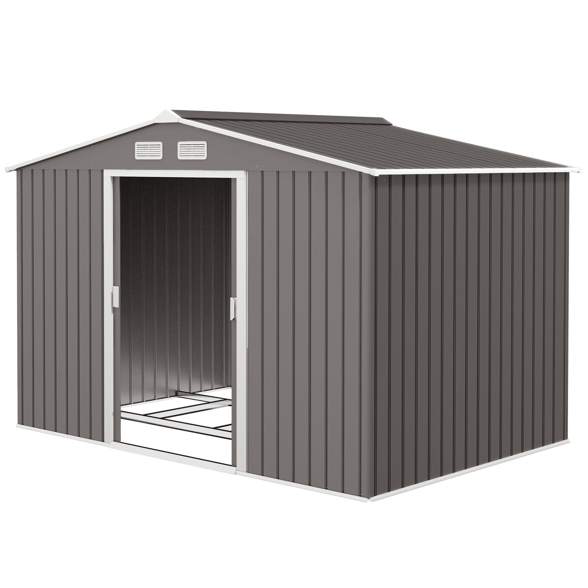 9 x 6ft Metal Garden Shed, Outdoor Storage Tool House with Ventilation Slots, Foundation Kit and Lockable Double Doors, Grey