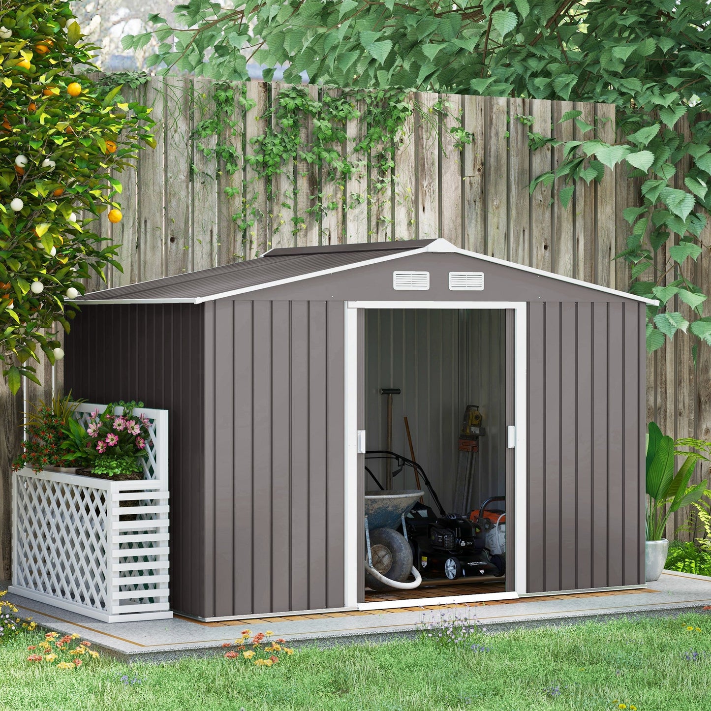 9 x 6ft Metal Garden Shed, Outdoor Storage Tool House with Ventilation Slots, Foundation Kit and Lockable Double Doors, Grey