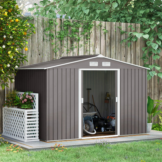 9 x 6ft Metal Garden Shed, Outdoor Storage Tool House with Ventilation Slots, Foundation Kit and Lockable Double Doors, Grey