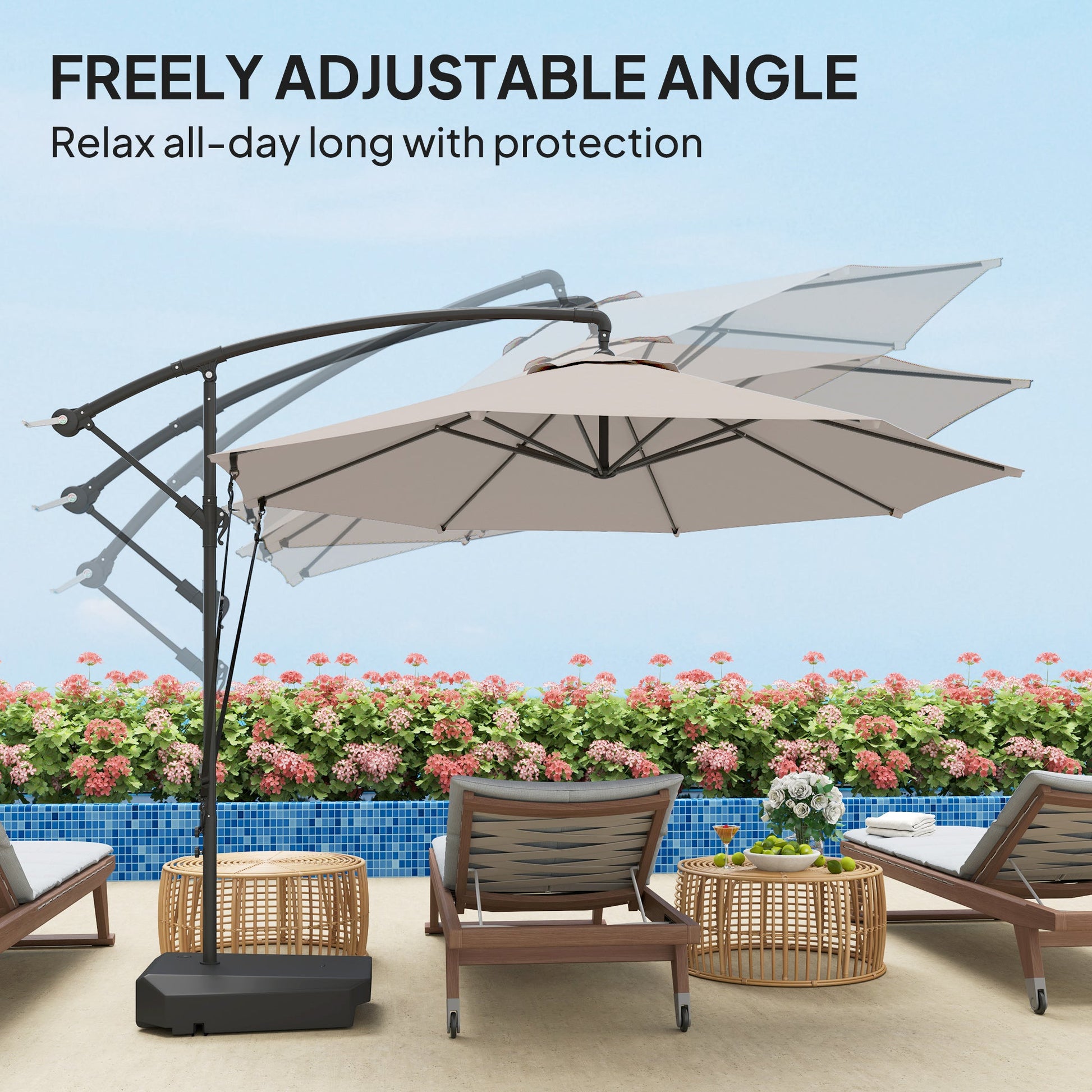 3(m) Garden Cantilever Parasol with Fillable Base, Wind Protection Strap, Cover, Round Banana Hanging Umbrella with Crank Handle and Tilt, Patio Umbrella for Outdoor Sun Shade, UPF50+, Cream