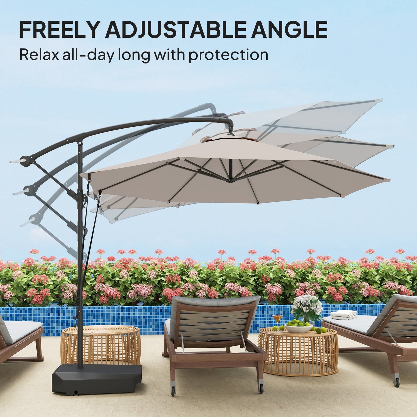 3(m) Garden Cantilever Parasol with Fillable Base, Wind Protection Strap, Cover, Round Banana Hanging Umbrella with Crank Handle and Tilt, Patio Umbrella for Outdoor Sun Shade, UPF50+, Cream