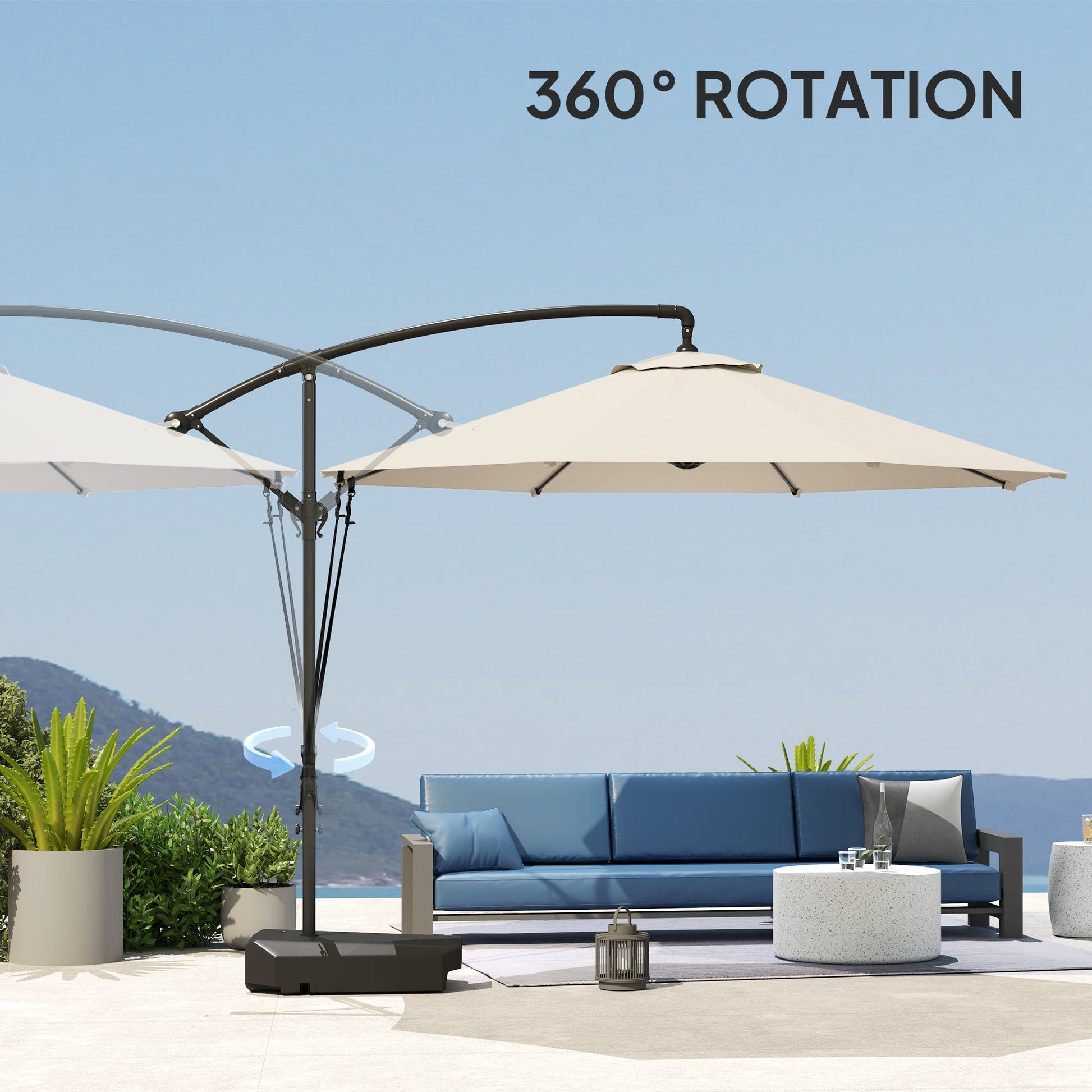 3(m) Garden Cantilever Parasol with Fillable Base, Wind Protection Strap, Cover, Round Banana Hanging Umbrella with Crank Handle and Tilt, Patio Umbrella for Outdoor Sun Shade, UPF50+, Cream