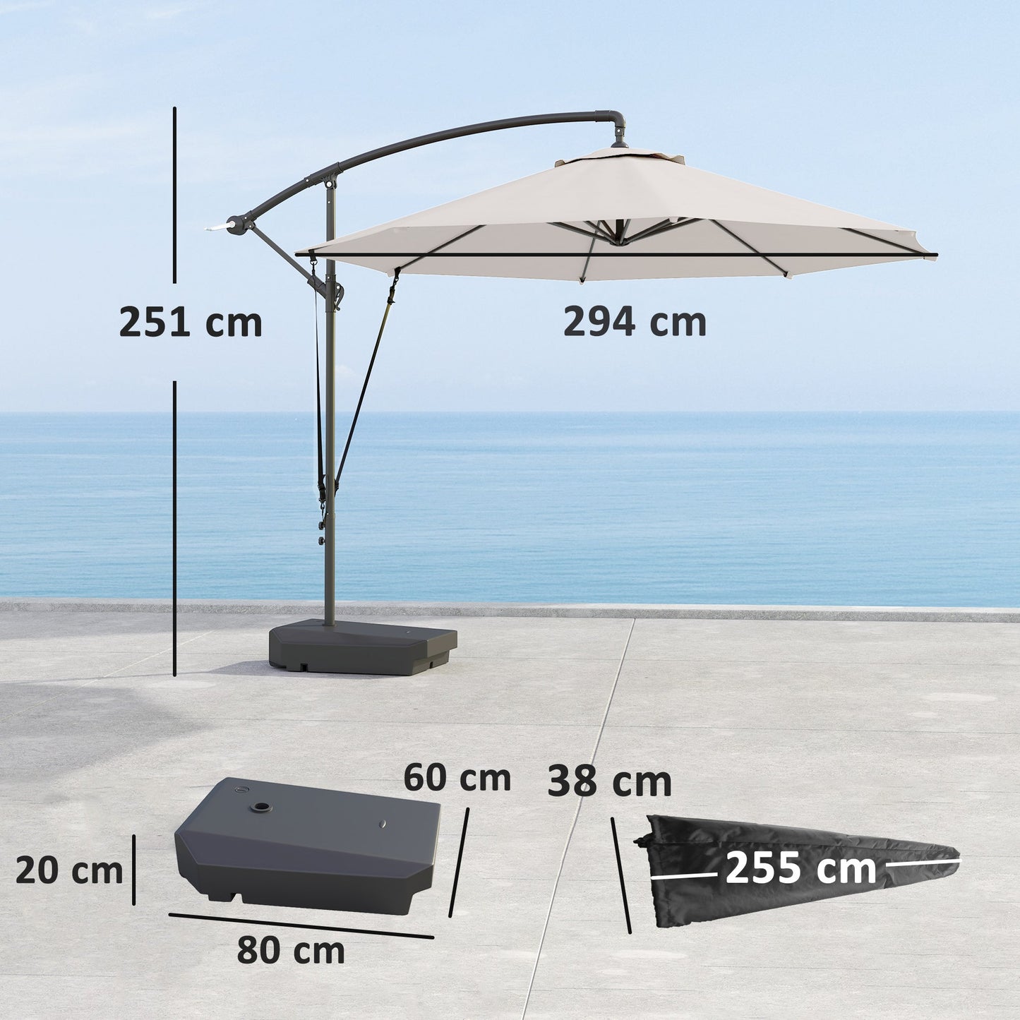 3(m) Garden Cantilever Parasol with Fillable Base, Wind Protection Strap, Cover, Round Banana Hanging Umbrella with Crank Handle and Tilt, Patio Umbrella for Outdoor Sun Shade, UPF50+, Cream