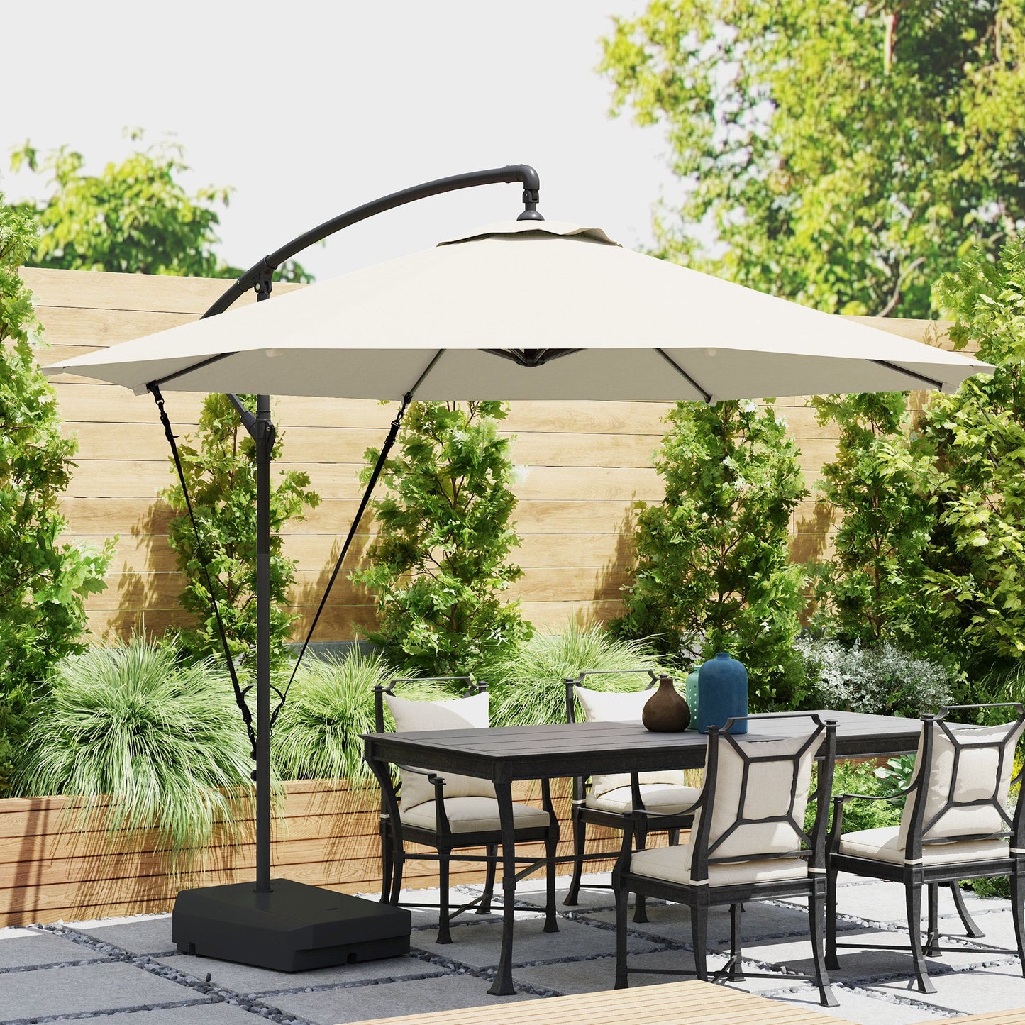 3(m) Garden Cantilever Parasol with Fillable Base, Wind Protection Strap, Cover, Round Banana Hanging Umbrella with Crank Handle and Tilt, Patio Umbrella for Outdoor Sun Shade, UPF50+, Cream