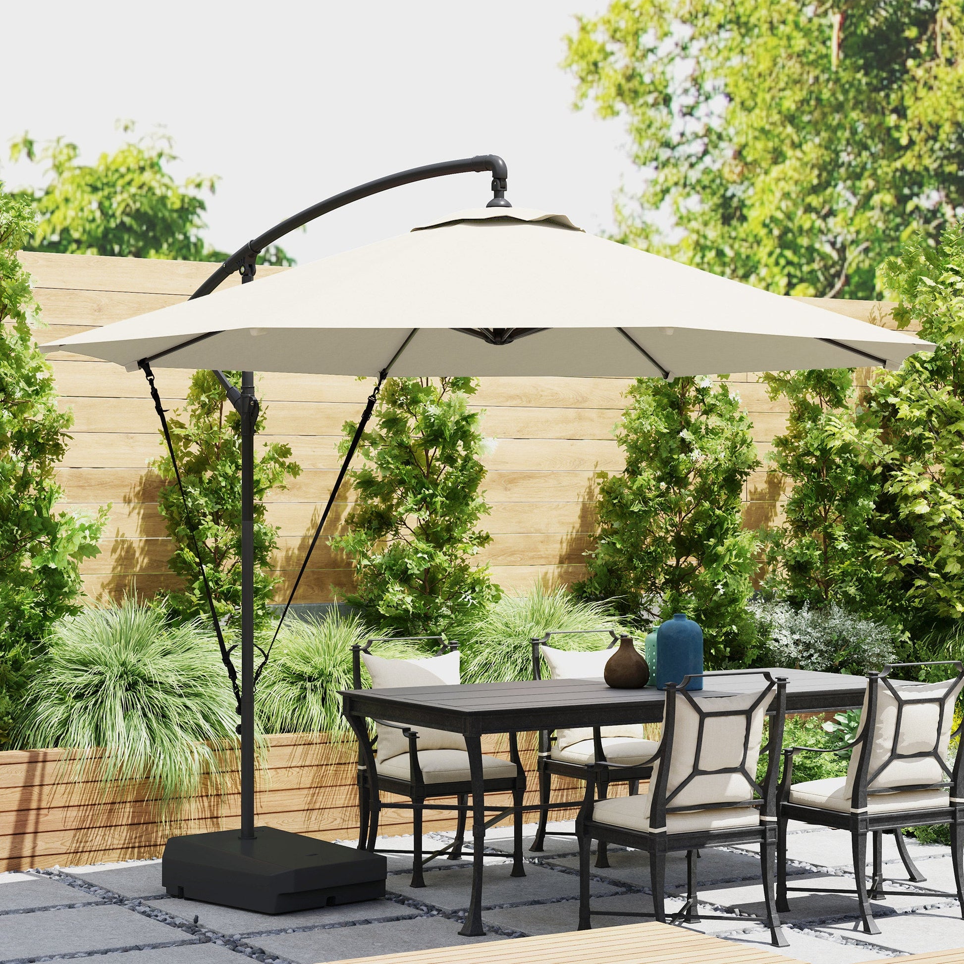 3(m) Garden Cantilever Parasol with Fillable Base, Wind Protection Strap, Cover, Round Banana Hanging Umbrella with Crank Handle and Tilt, Patio Umbrella for Outdoor Sun Shade, UPF50+, Cream