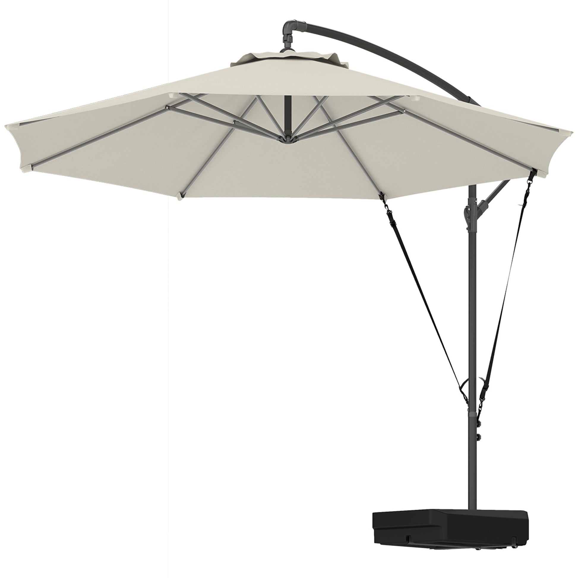 3(m) Garden Cantilever Parasol with Fillable Base, Wind Protection Strap, Cover, Round Banana Hanging Umbrella with Crank Handle and Tilt, Patio Umbrella for Outdoor Sun Shade, UPF50+, Cream