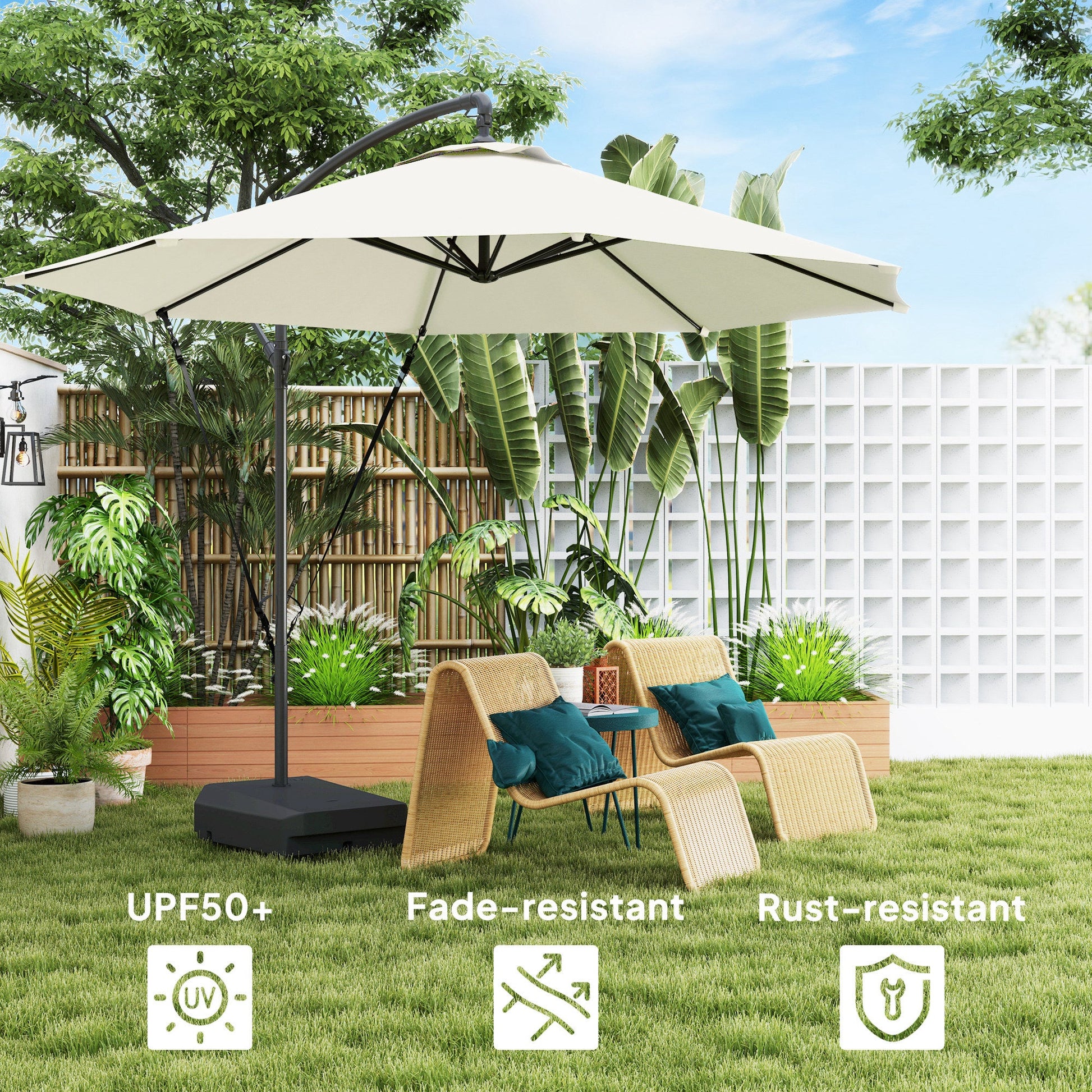 3(m) Garden Cantilever Parasol with Fillable Base, Wind Protection Strap, Cover, Round Banana Hanging Umbrella with Crank Handle and Tilt, Patio Umbrella for Outdoor Sun Shade, UPF50+, Cream