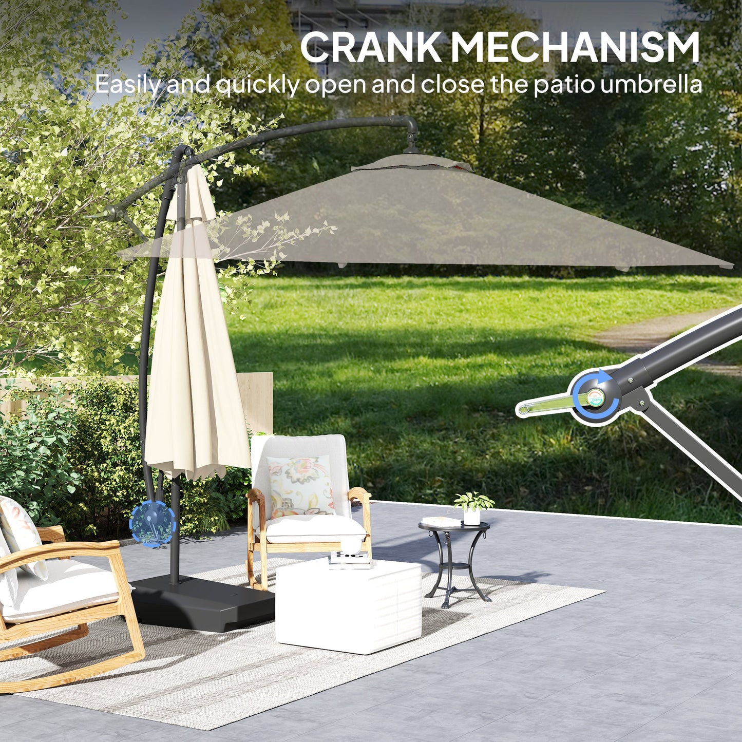 3(m) Garden Cantilever Parasol with Fillable Base, Wind Protection Strap, Cover, Round Banana Hanging Umbrella with Crank Handle and Tilt, Patio Umbrella for Outdoor Sun Shade, UPF50+, Cream