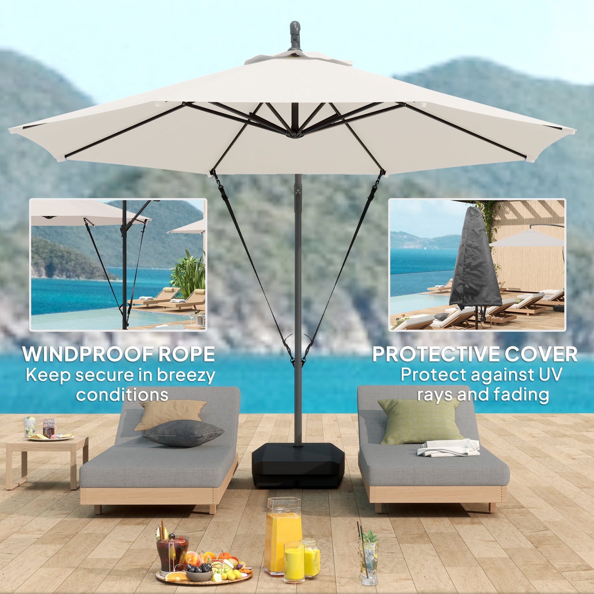 3(m) Garden Cantilever Parasol with Fillable Base, Wind Protection Strap, Cover, Round Banana Hanging Umbrella with Crank Handle and Tilt, Patio Umbrella for Outdoor Sun Shade, UPF50+, Cream