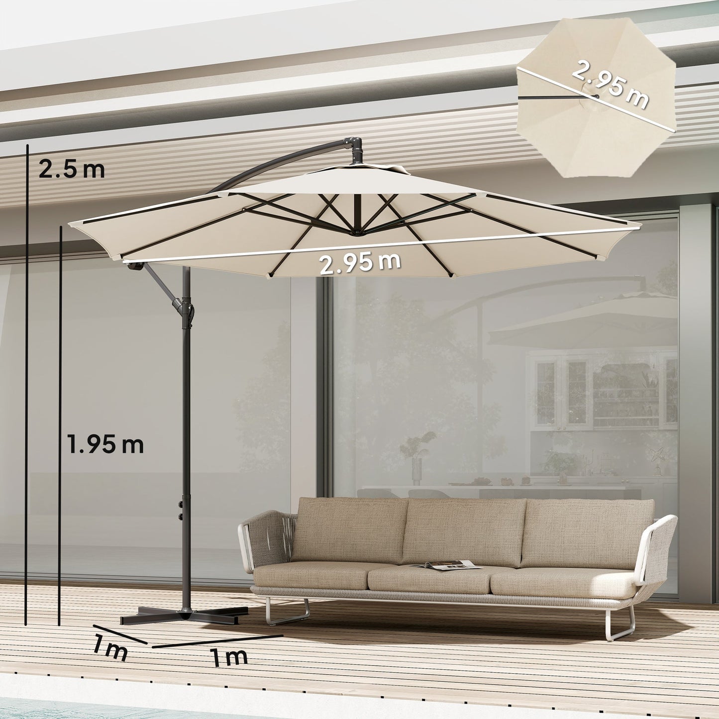3(m) Garden Banana Parasol Hanging Cantilever Umbrella with Crank Handle, 8 Ribs and Cross Base for Outdoor, Sun Shade, Cream White