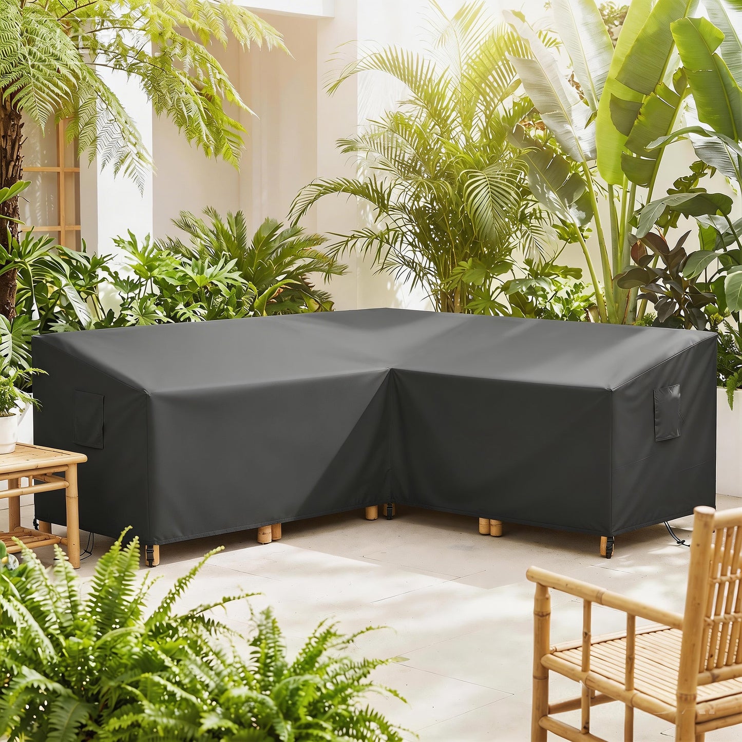V-Shaped Garden Furniture Cover, Waterproof Outdoor rattan corner sofa cover with Air Vent, Heavy Duty 420D Oxford Fabric, Windproof, 216 x 216 cm, Black