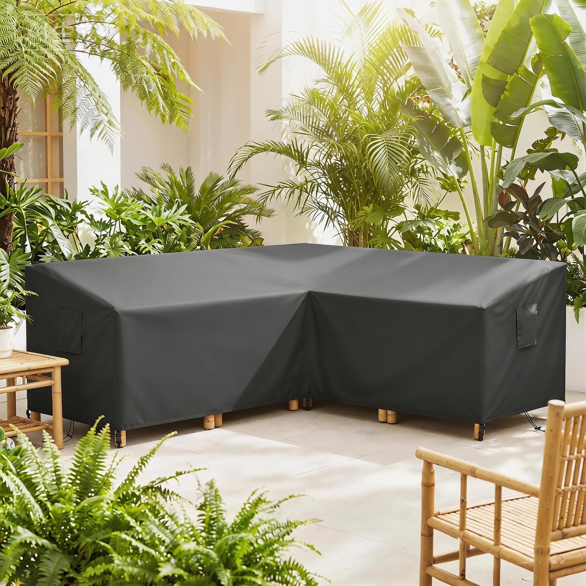 V-Shaped Garden Furniture Cover, Waterproof Outdoor rattan corner sofa cover with Air Vent, Heavy Duty 420D Oxford Fabric, Windproof, 216 x 216 cm, Black