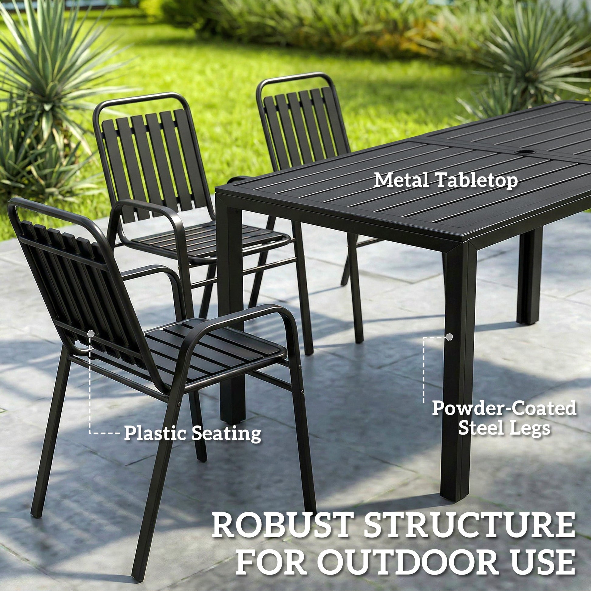 Garden Table and Chairs Set for 6 with Umbrella Hole, 7 Pieces Outdoor Dining Set with Rectangular Metal Slatted Tabletop and Stackable Chairs for Patio Porch, Black
