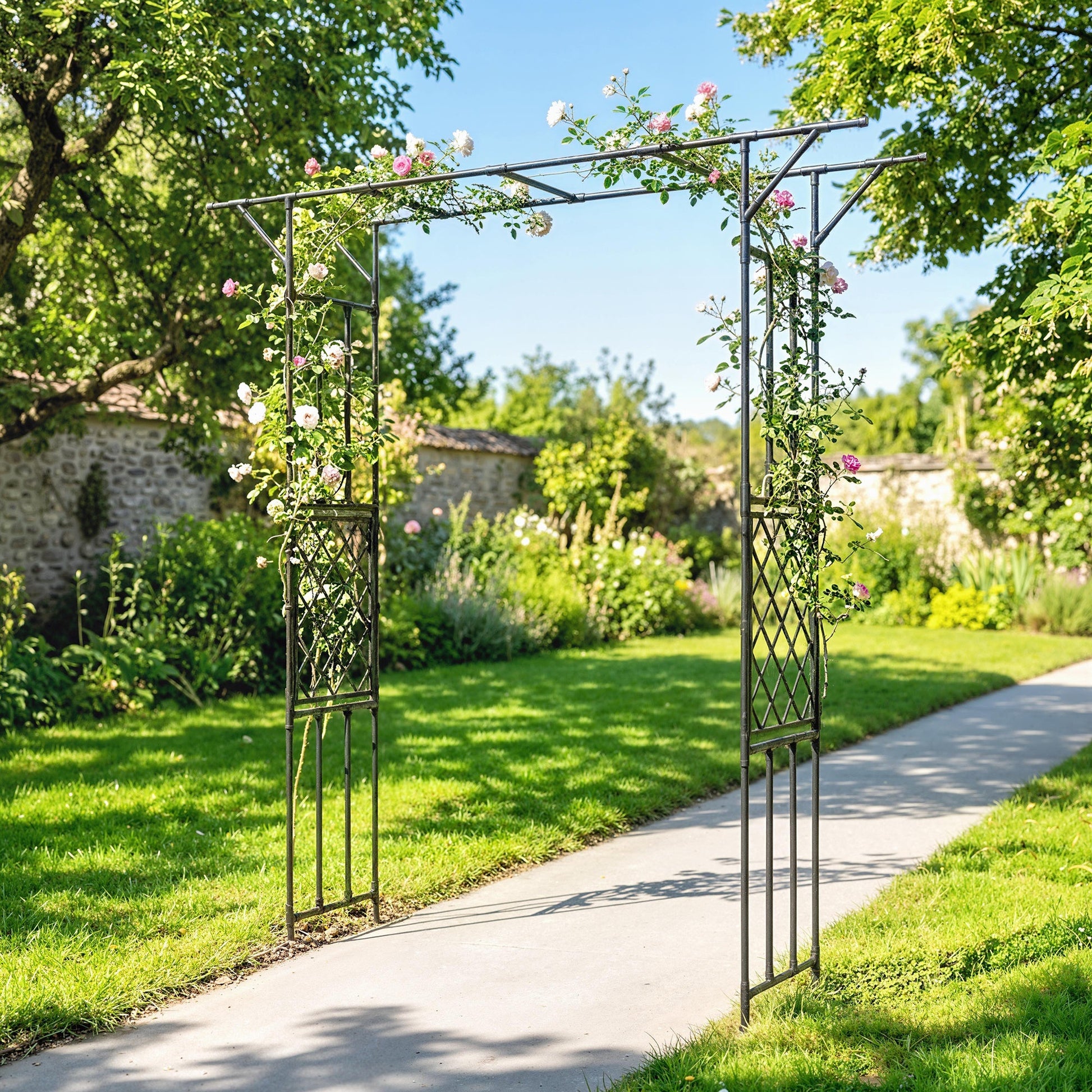 Garden Arch, PE-Coated Steel Arbour Trellis for Climbing Plants, Rose Arch for Party, Wedding Garden Decoration, 180 x 40 x 215 cm, Black