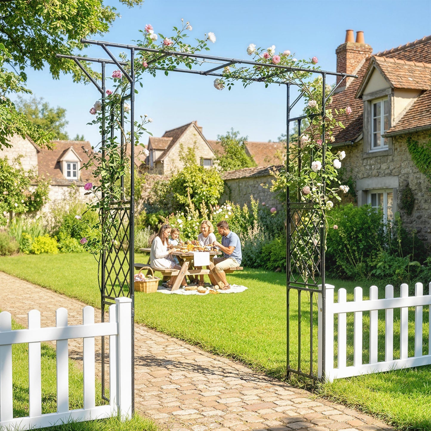 Garden Arch, PE-Coated Steel Arbour Trellis for Climbing Plants, Rose Arch for Party, Wedding Garden Decoration, 180 x 40 x 215 cm, Black