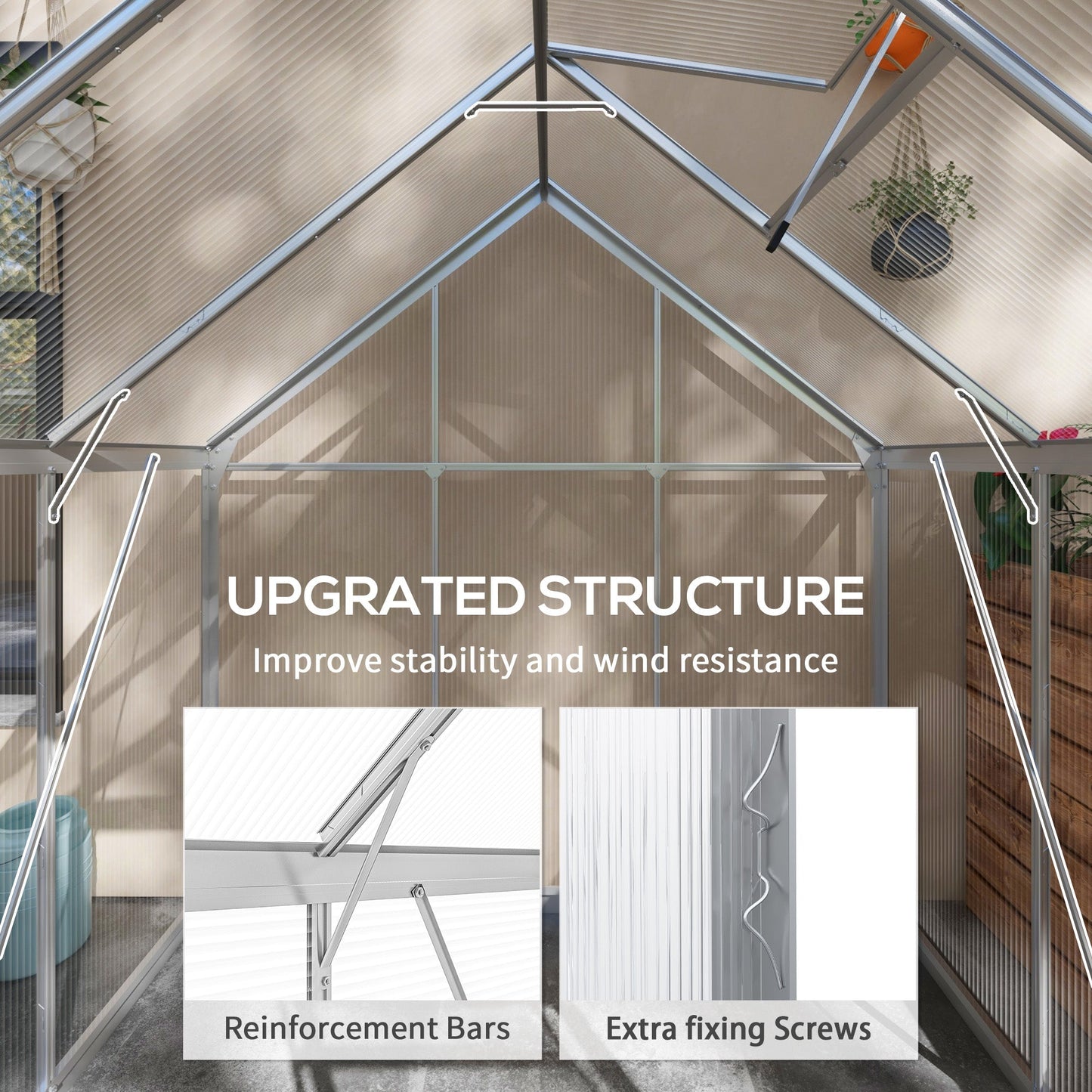 6 x 6ft Polycarbonate Greenhouse, Walk-In Greenhouse with Sliding Door, Adjustable Window, Aluminium Frame and Foundation, Garden Grow House with Rain Gutter, Silver
