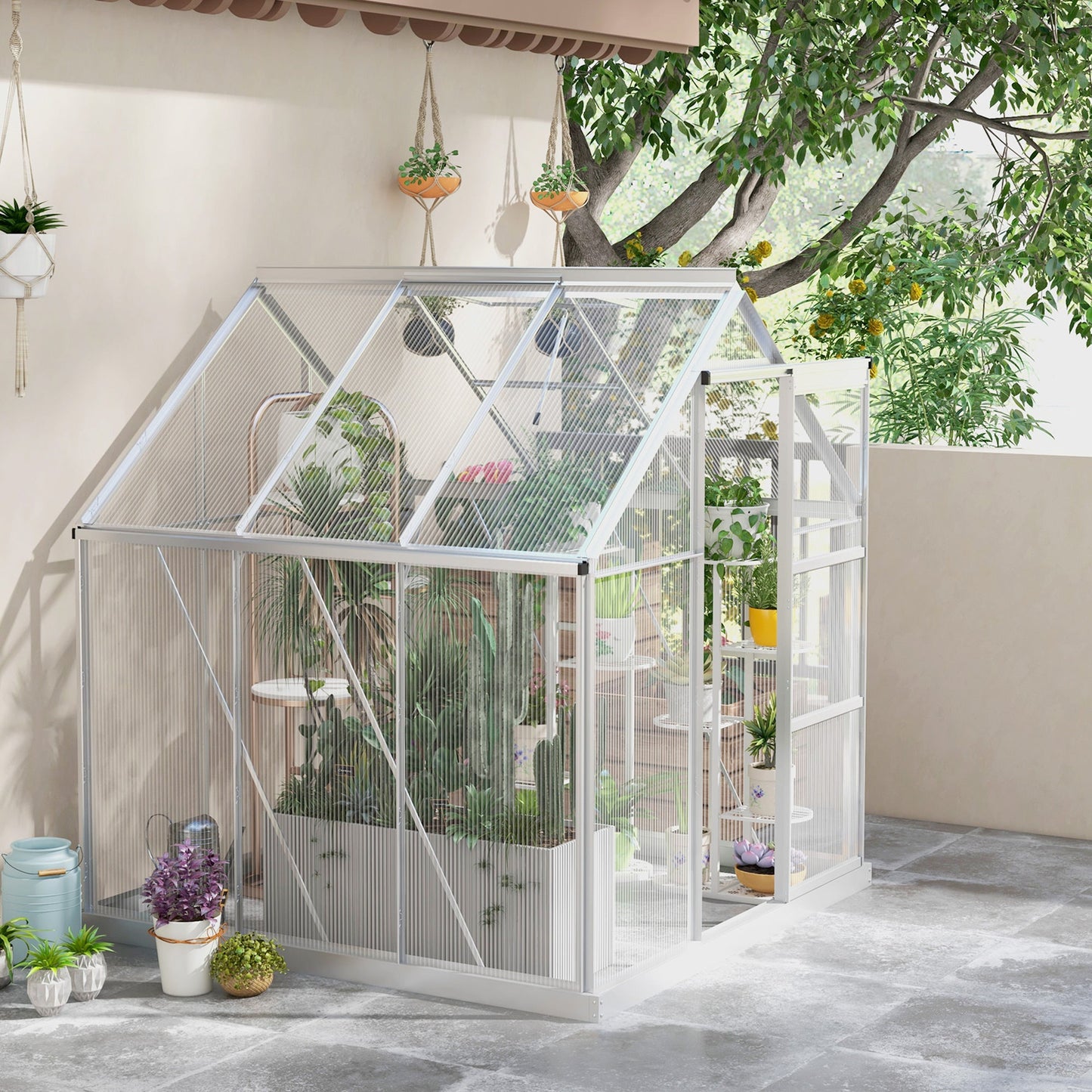 6 x 6ft Polycarbonate Greenhouse, Walk-In Greenhouse with Sliding Door, Adjustable Window, Aluminium Frame and Foundation, Garden Grow House with Rain Gutter, Silver