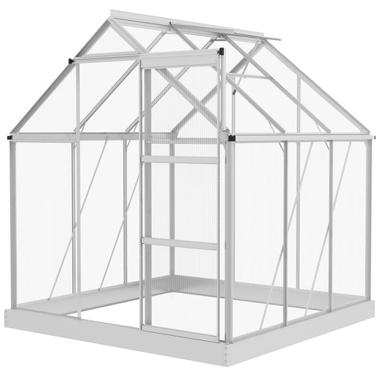 6 x 6ft Polycarbonate Greenhouse, Walk-In Greenhouse with Sliding Door, Adjustable Window, Aluminium Frame and Foundation, Garden Grow House with Rain Gutter, Silver