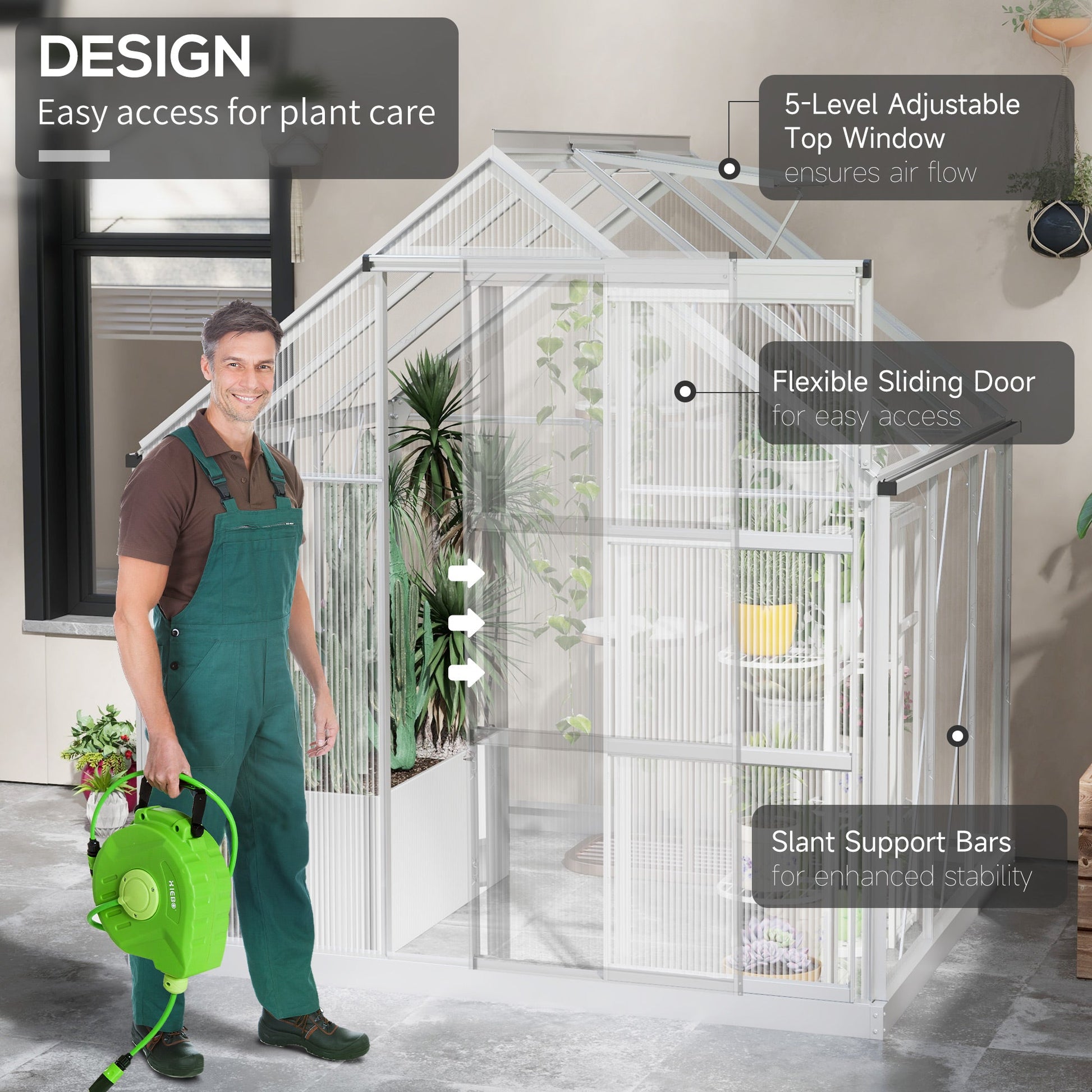 6 x 6ft Polycarbonate Greenhouse, Walk-In Greenhouse with Sliding Door, Adjustable Window, Aluminium Frame and Foundation, Garden Grow House with Rain Gutter, Silver