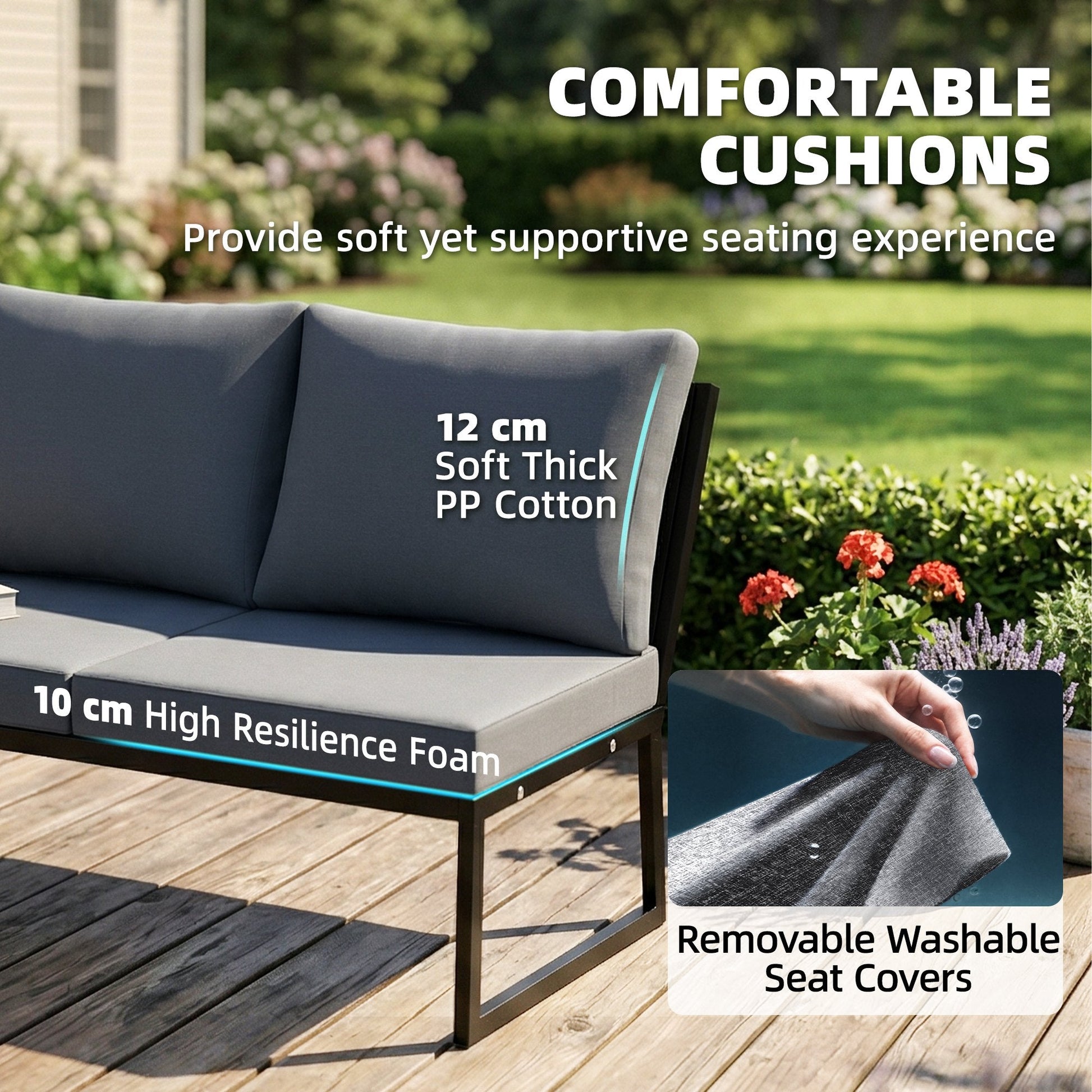 4 Seater Rattan Garden Furniture Set, Corner Garden Sofa Set with 2 Loveseats, 2 Nesting Coffee Tables, Arm Side Trays, Cushions, Metal Outdoor Furniture Conversation Sets for Patio, Teak