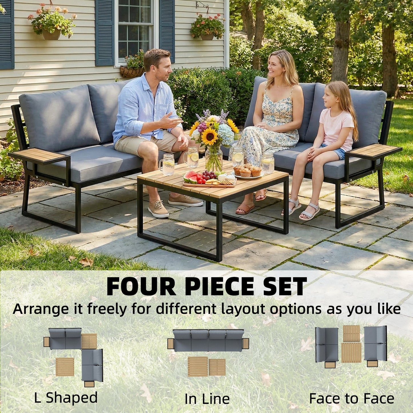 4 Seater Rattan Garden Furniture Set, Corner Garden Sofa Set with 2 Loveseats, 2 Nesting Coffee Tables, Arm Side Trays, Cushions, Metal Outdoor Furniture Conversation Sets for Patio, Teak
