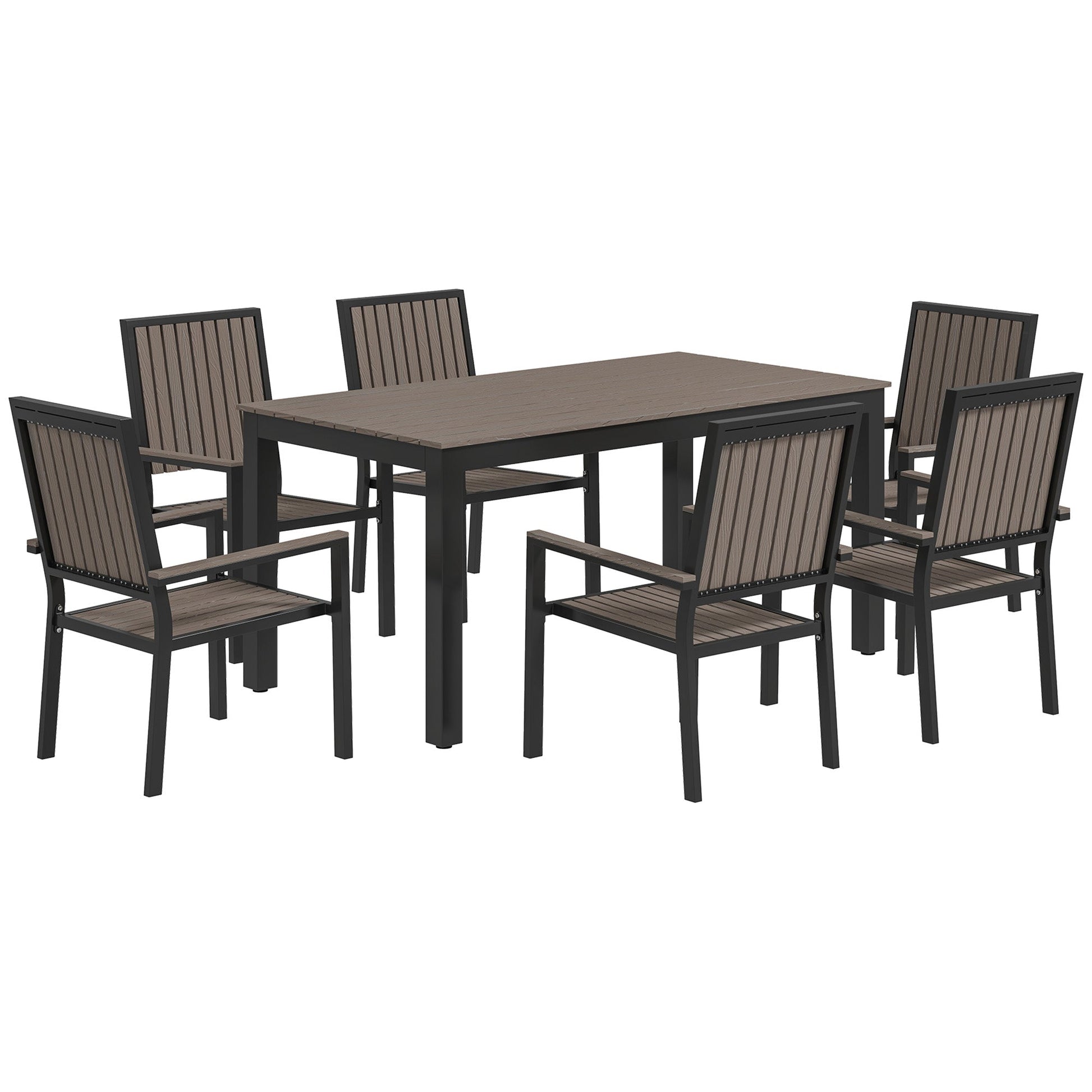 6 Seater Garden Dining Set with Stackable Chairs, Aluminium Frame, Rectangular Plastic Top, Garden Furniture Set, Outdoor Dining Table and Chairs for Patio, Balcony, Poolside, Brown