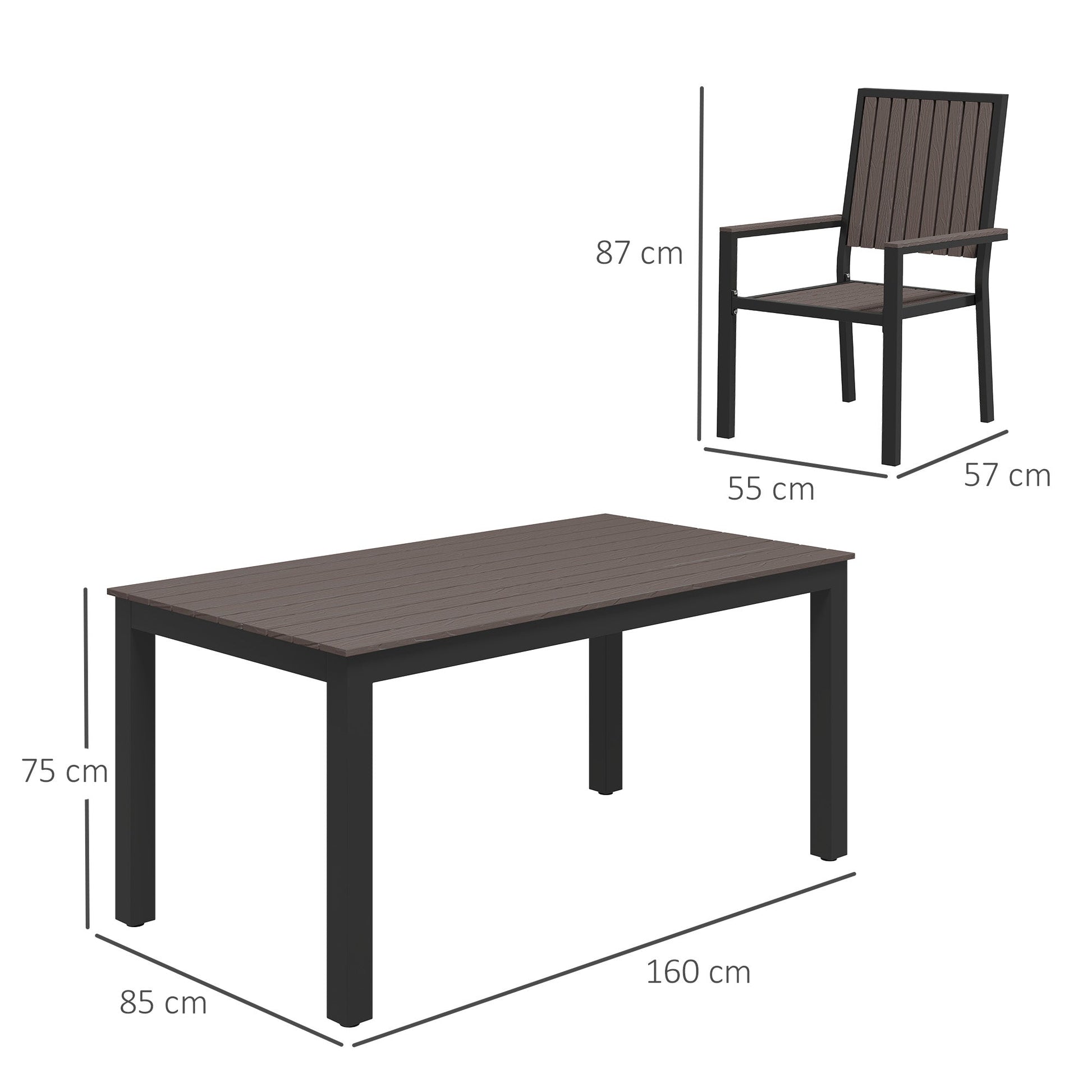 6 Seater Garden Dining Set with Stackable Chairs, Aluminium Frame, Rectangular Plastic Top, Garden Furniture Set, Outdoor Dining Table and Chairs for Patio, Balcony, Poolside, Brown
