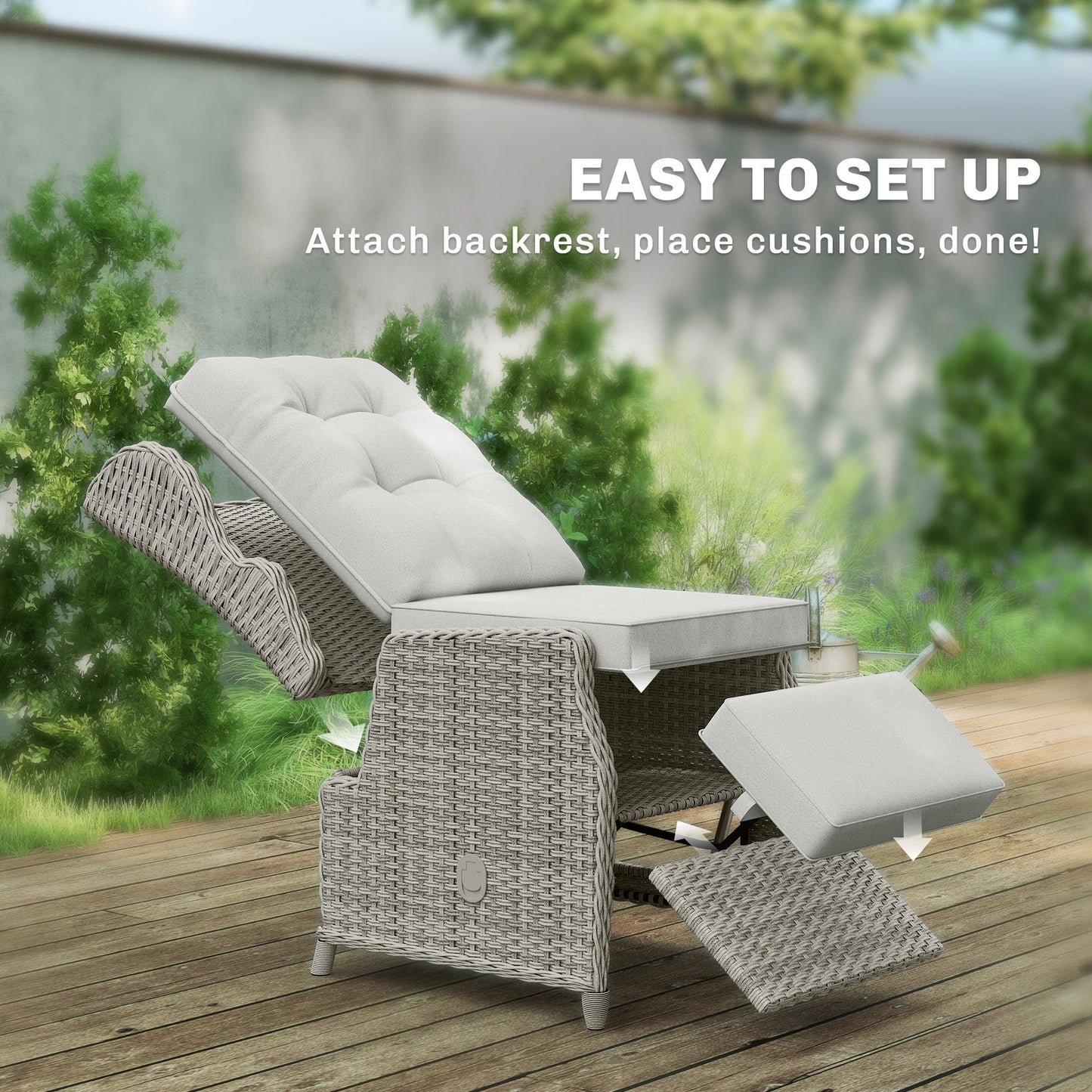 Rattan Garden Recliner Chair, Reclining Garden Chair with Adjustable Backrest and Footrest, Flip Table, Cushion, PE Wicker Outdoor Lounge Armchair Sun Lounger for Patio, Balcony, Light Grey