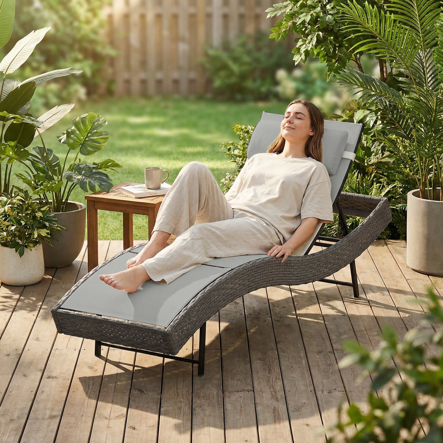 Rattan Sun Lounger, 5 Position Adjustable Garden Lounger Recliner with S Shaped Texteline Seat and Headrest, Reclining Outdoor Sunbed with Metal Frame for Patio, Terrace, Light Grey