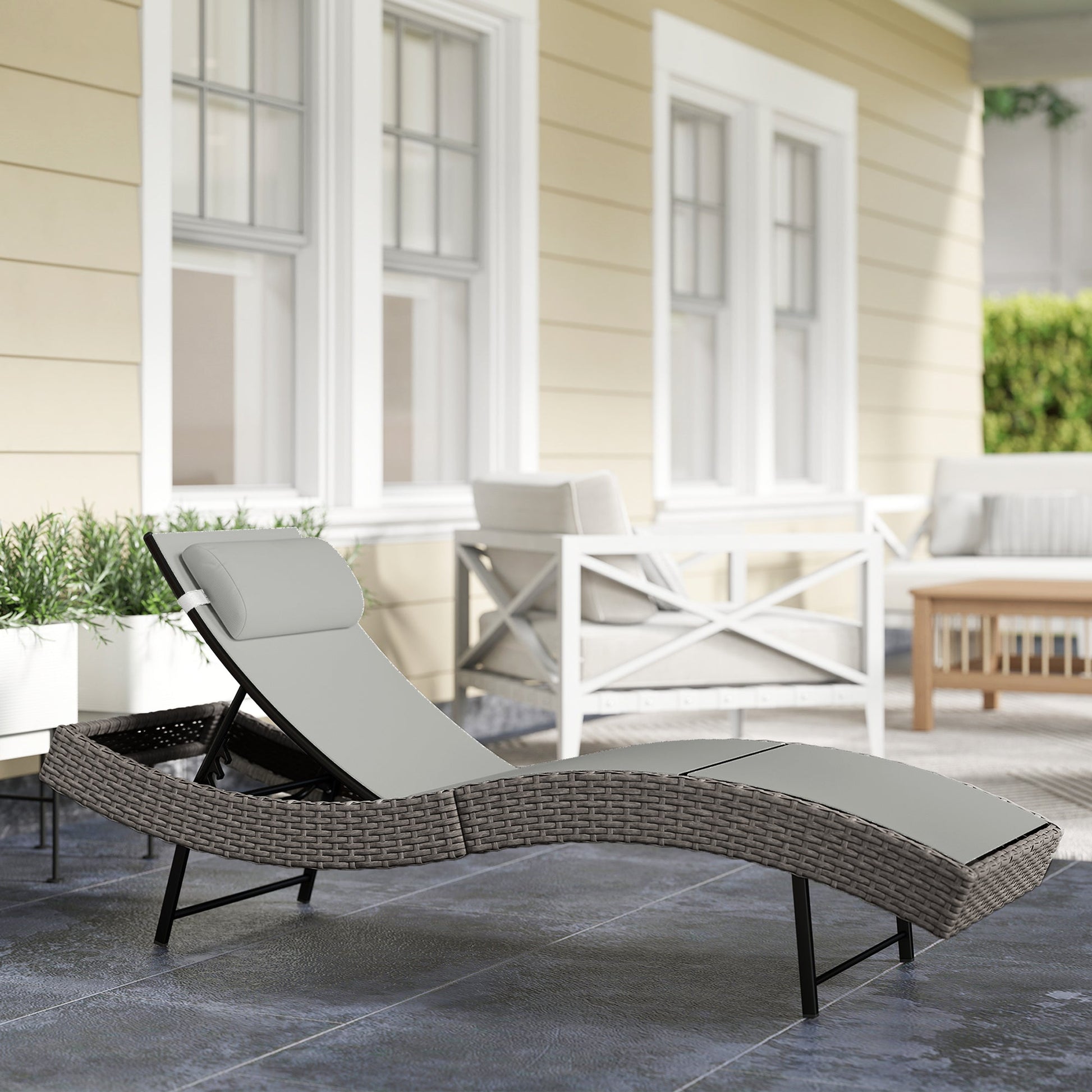 Rattan Sun Lounger, 5 Position Adjustable Garden Lounger Recliner with S Shaped Texteline Seat and Headrest, Reclining Outdoor Sunbed with Metal Frame for Patio, Terrace, Light Grey