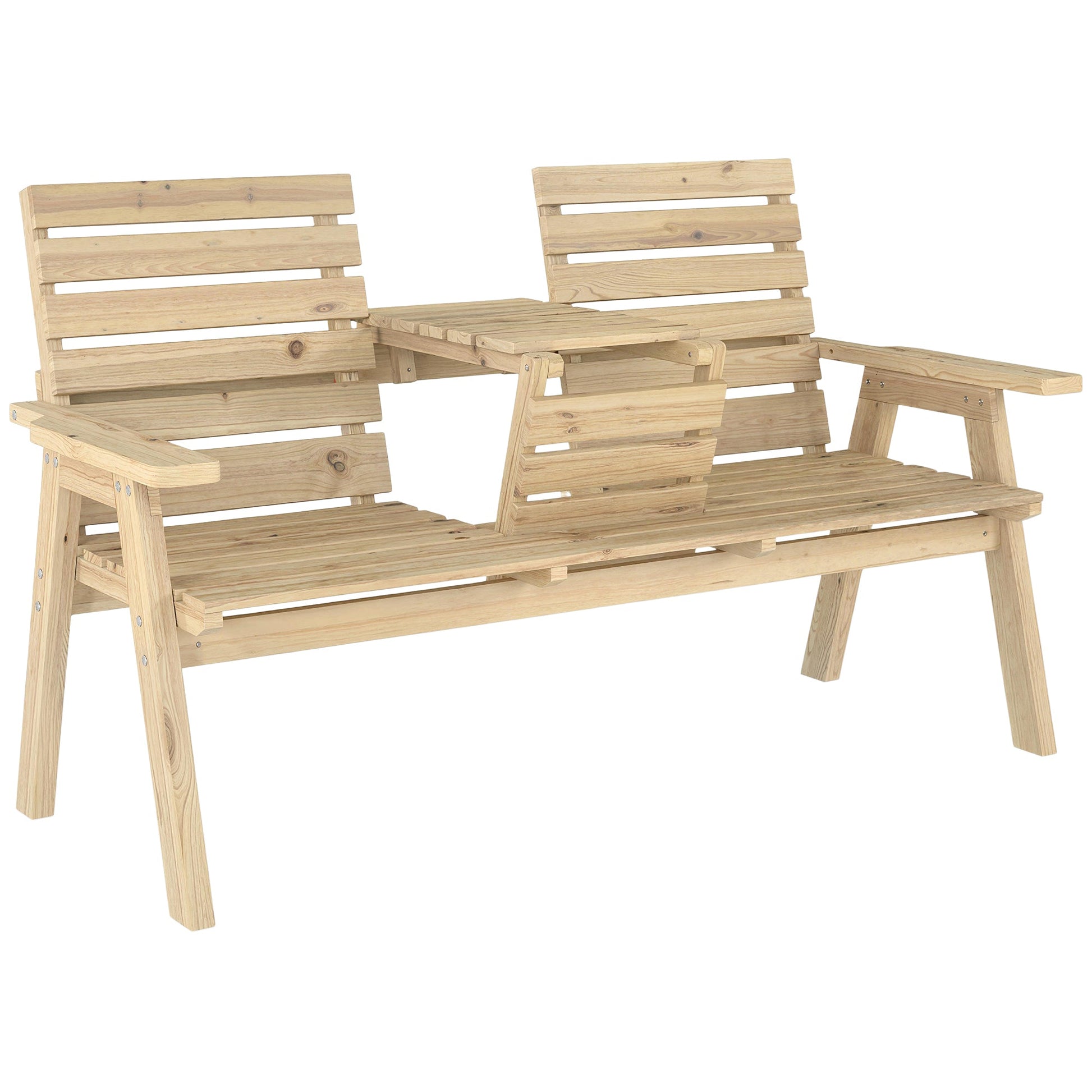2 Seater Wooden Garden Bench with Convertible Middle Table, Outdoor Three-Seater Bench for Patio, Park, Porch, Natural Wood Finish