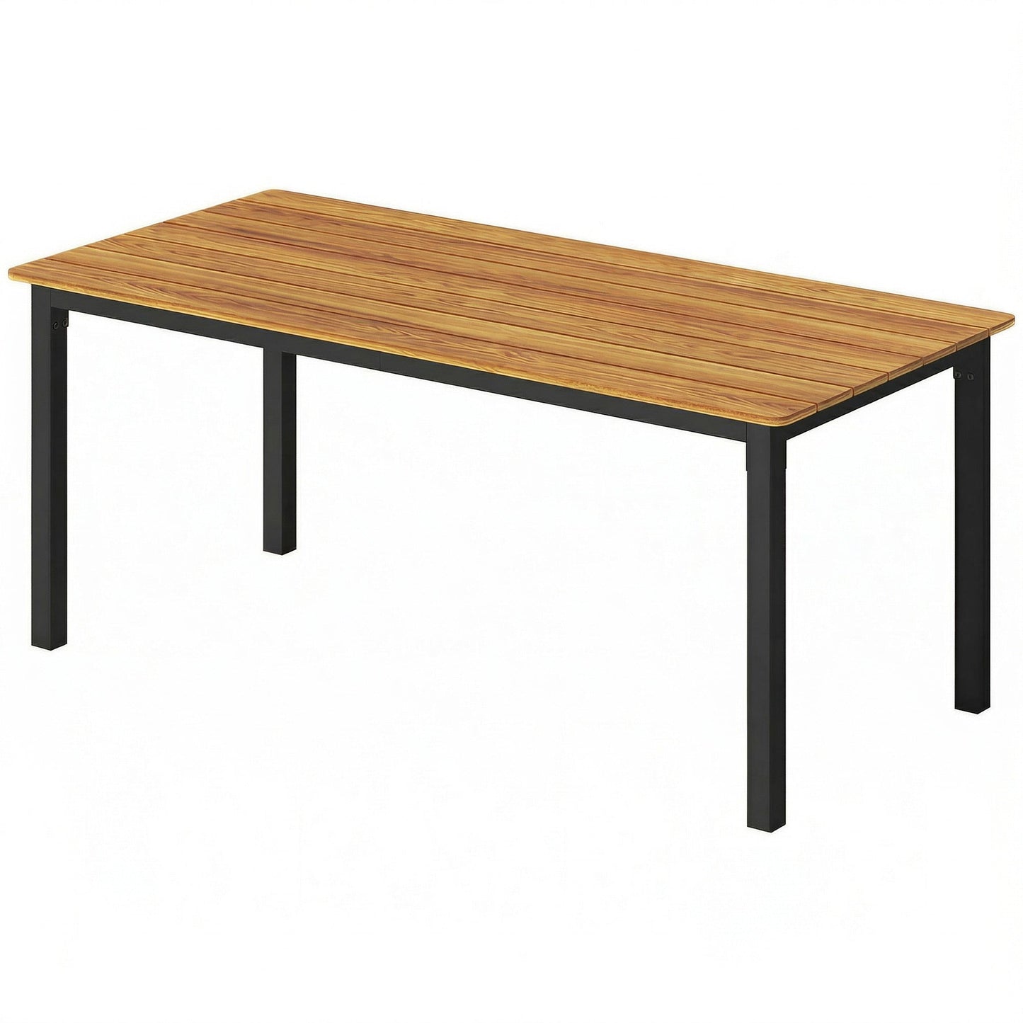 Garden Dining Table for 6-8 Person, 180 x 86 cm Rectangular Outdoor Dining Table with Wood Slatted Top and Steel Frame, All Weather Patio Furniture for Balcony, Porch, Teak