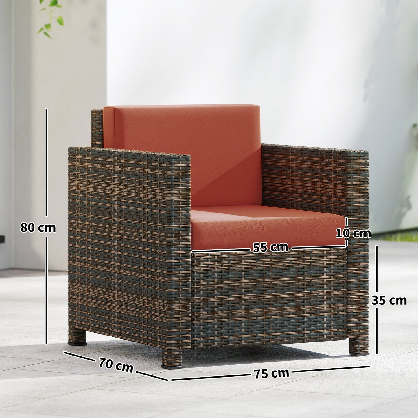 Single Seater Rattan Chair, PE Wicker Garden Armchair with 10 cm Thickened Cushion, All-Weather Rattan Garden Chair with Armrests, Mixed Brown/Orange